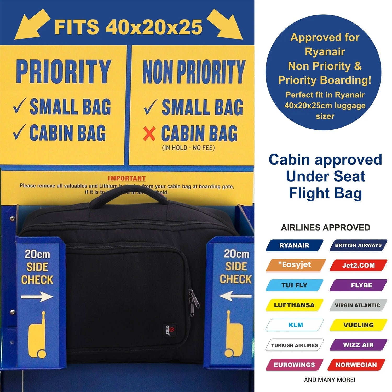 5-Cities Ryanair Maximum (40x20x25cm) New and Improved 2025 Underseat Cabin Luggage Backpack/Rucksack, 2 Years Warranty, Black