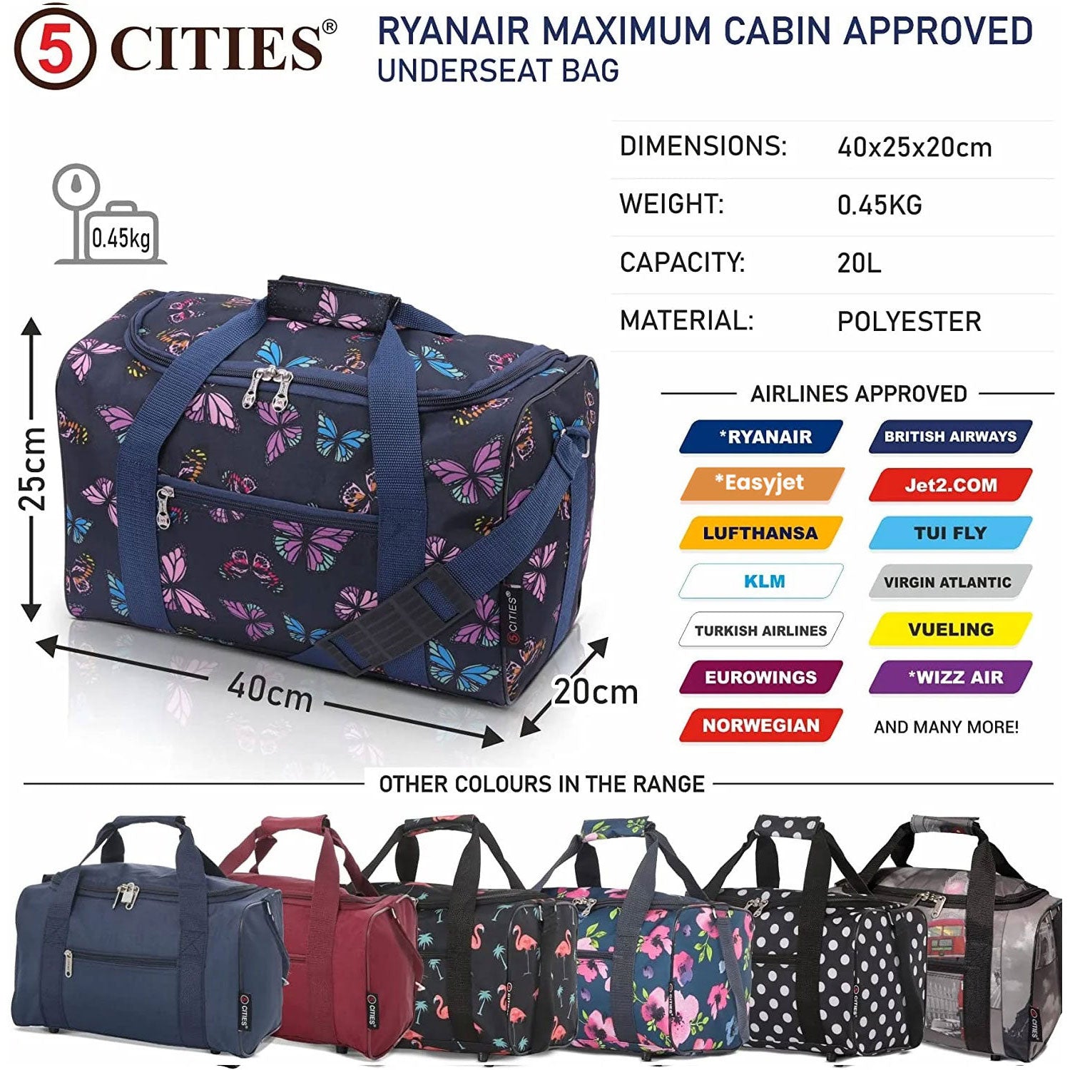 5 Cities (40x20x25cm) Ryanair Approved Hand Luggage Holdall Flight Bag, Under Seat Cabin Holdall – Take The Max On Board