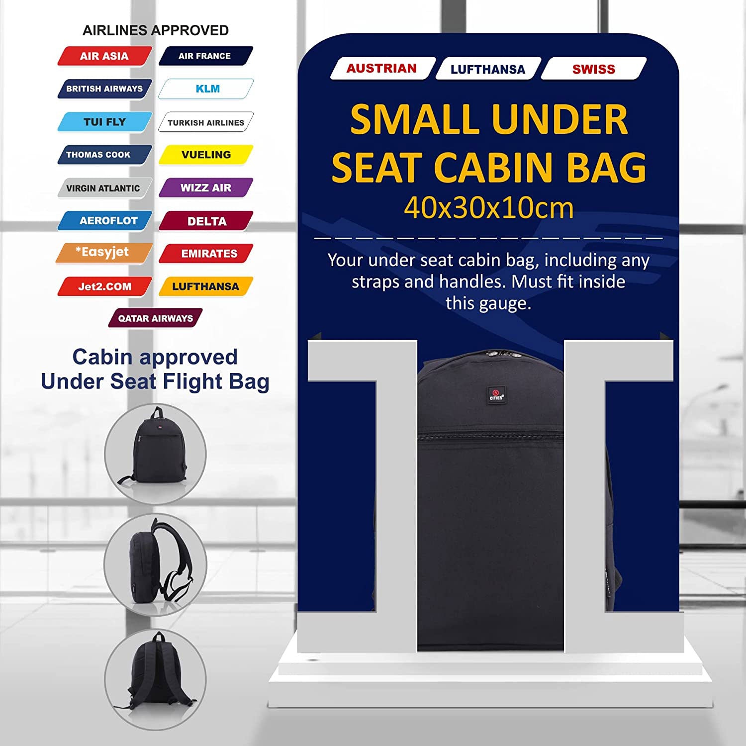 5 CITIES (40x30x10cm) New and Improved 2025 Lufthansa, Austrian Airlines, Swiss Airlines Maximum Size Cabin Backpack/Rucksack Underseat Flight Bag, Also Approved For easyJet, British Airways, Virgin Atlantic, Black