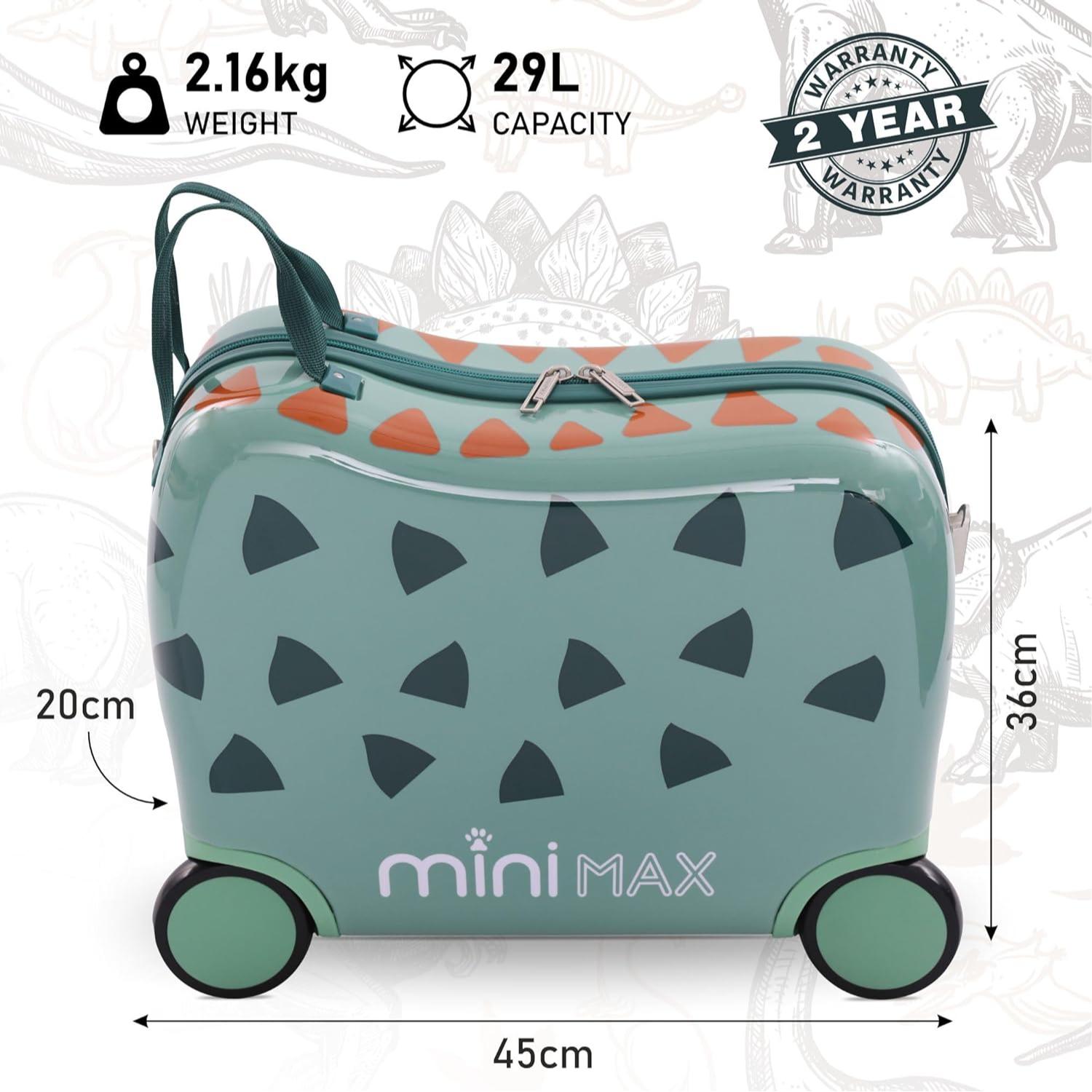 Aerolite MiniMax Childrens Ride-On Suitcase Fits 45x36x20cm EasyJet Maximum Size Kids Hand Luggage With Wheels 29L - Green Dinosaur