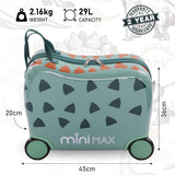 Aerolite MiniMax Childrens Ride-On Suitcase Fits 45x36x20cm EasyJet Maximum Size Kids Hand Luggage With Wheels 29L - Green Dinosaur