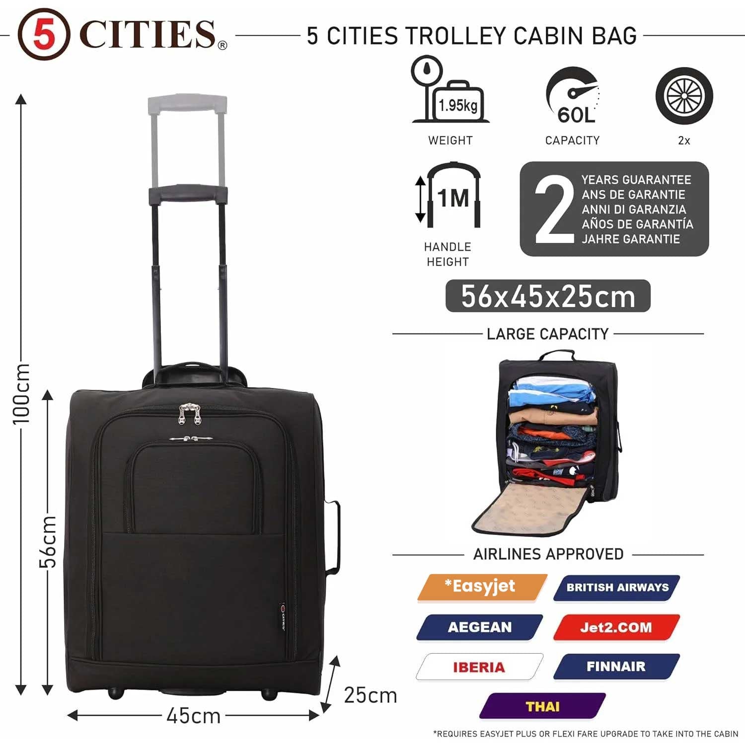 5 Cities 56x45x25 Trolley Bag Easyjet/British Airways/ Jet2 Maximum Cabin Approved Carry On Suitcase 60L Capacity with 2 Wheels Lightweight Travel 2 Year Warranty