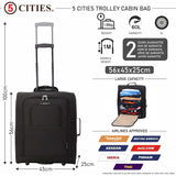 5 Cities 56x45x25 Trolley Bag Easyjet/British Airways/ Jet2 Maximum Cabin Approved Carry On Suitcase 60L Capacity with 2 Wheels Lightweight Travel 2 Year Warranty