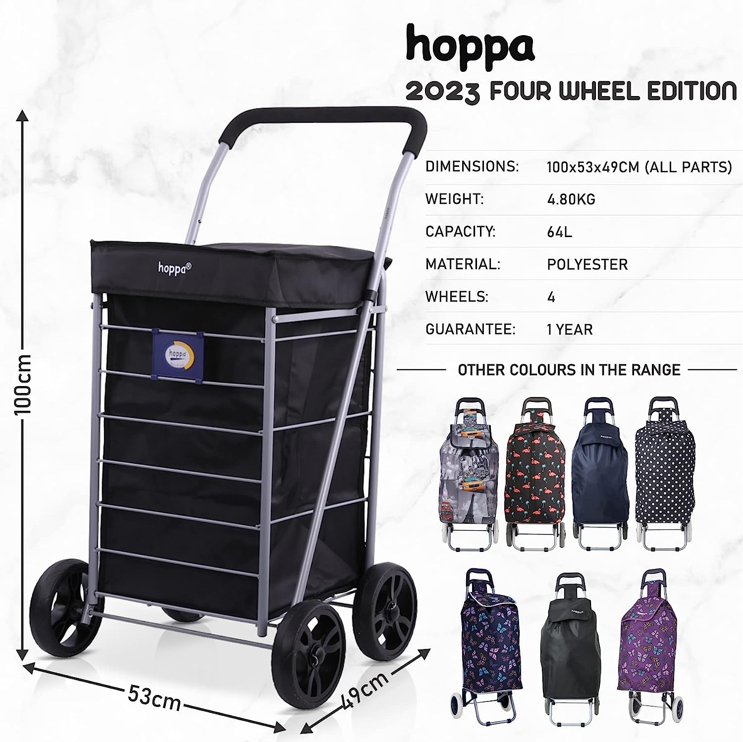 Hoppa Lightweight 4-Wheel Premium 2025 Model Folding Shopping Trolley Extra Large 75.6L Capacity Shopping Trolley Bag, 95cm, 4.8kg, Push/Pull