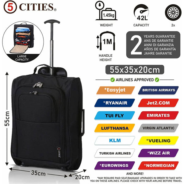 5 Cities Ryanair Luggage Bundle 55x35x20cm Lightweight Cabin 2 Wheel Travel Luggage Cabin Bags