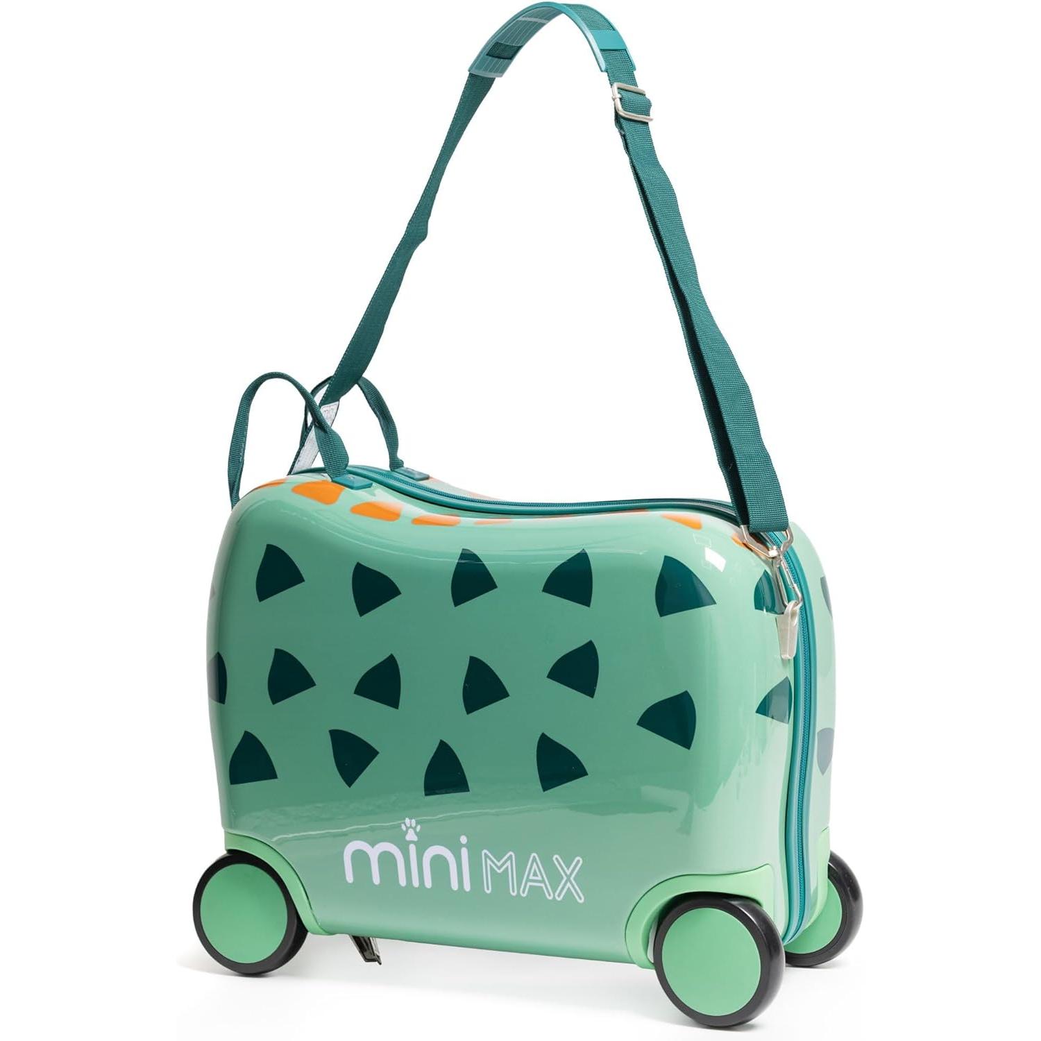 Aerolite MiniMax Childrens Ride-On Suitcase Fits 45x36x20cm EasyJet Maximum Size Kids Hand Luggage With Wheels 29L - Green Dinosaur
