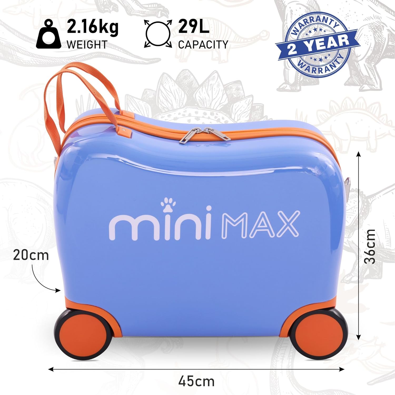 Aerolite MiniMax Childrens Ride-On Suitcase Fits 45x36x20cm EasyJet Maximum Size Kids Hand Luggage With Wheels 29L - Blue