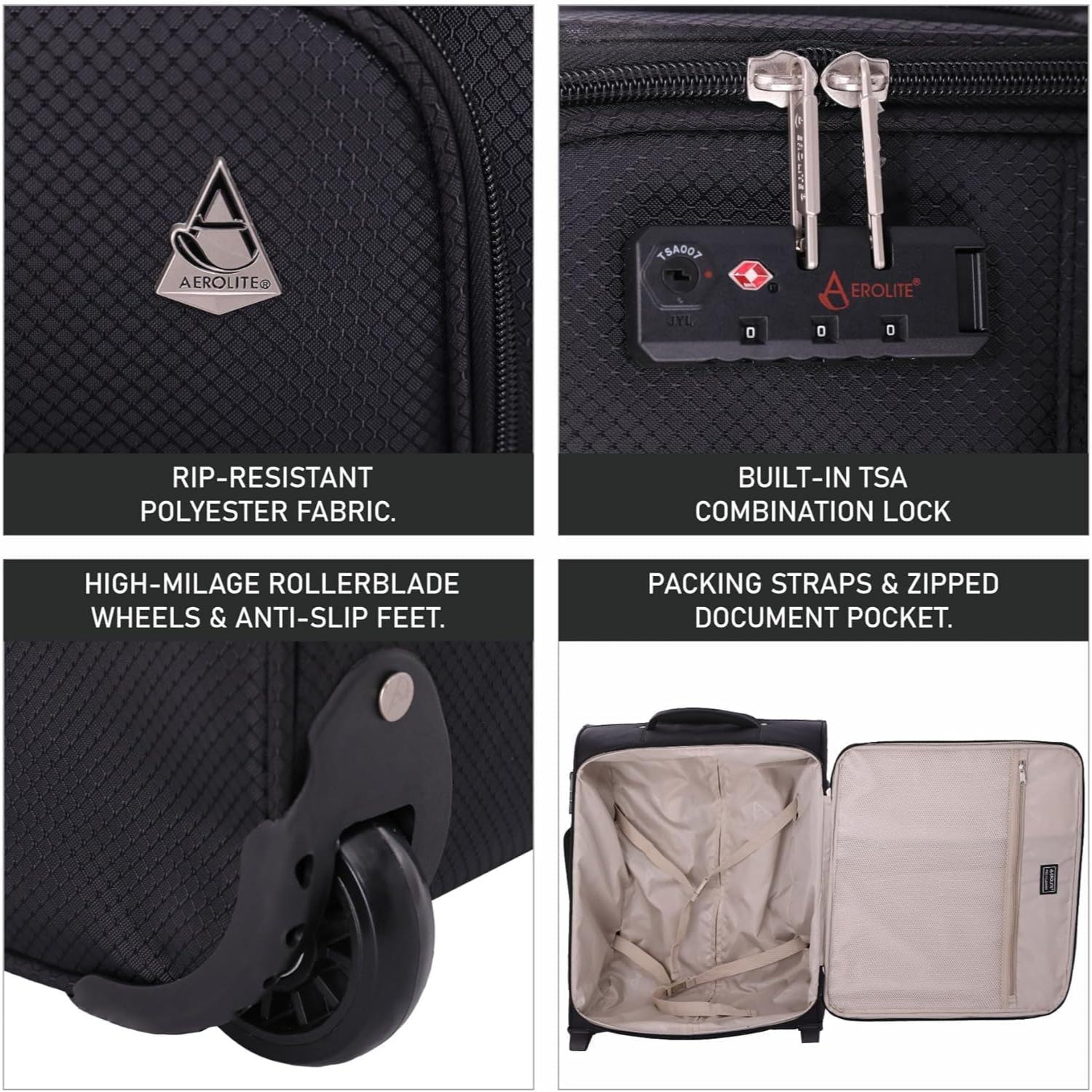 Aerolite 56x45x25cm British Airways Jet2 & Easyjet Upgrade Maximum Allowance Large Lightweight 2 Wheel Carry On Hand Cabin Luggage Bag Suitcase 56x45x25 with TSA Approved Lock Black