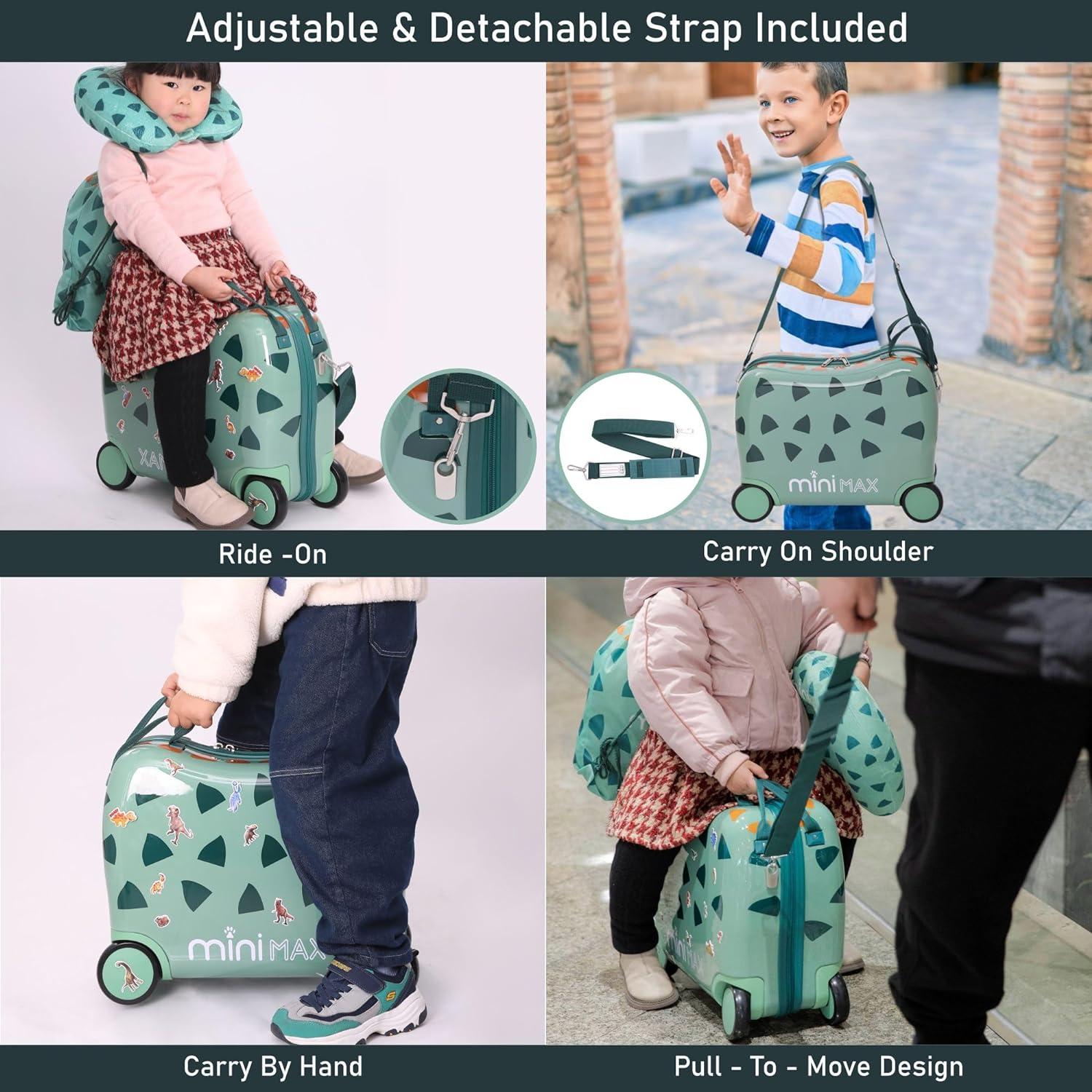 Aerolite MiniMax Childrens Ride-On Suitcase Fits 45x36x20cm EasyJet Maximum Size Kids Hand Luggage With Wheels 29L - Green Dinosaur