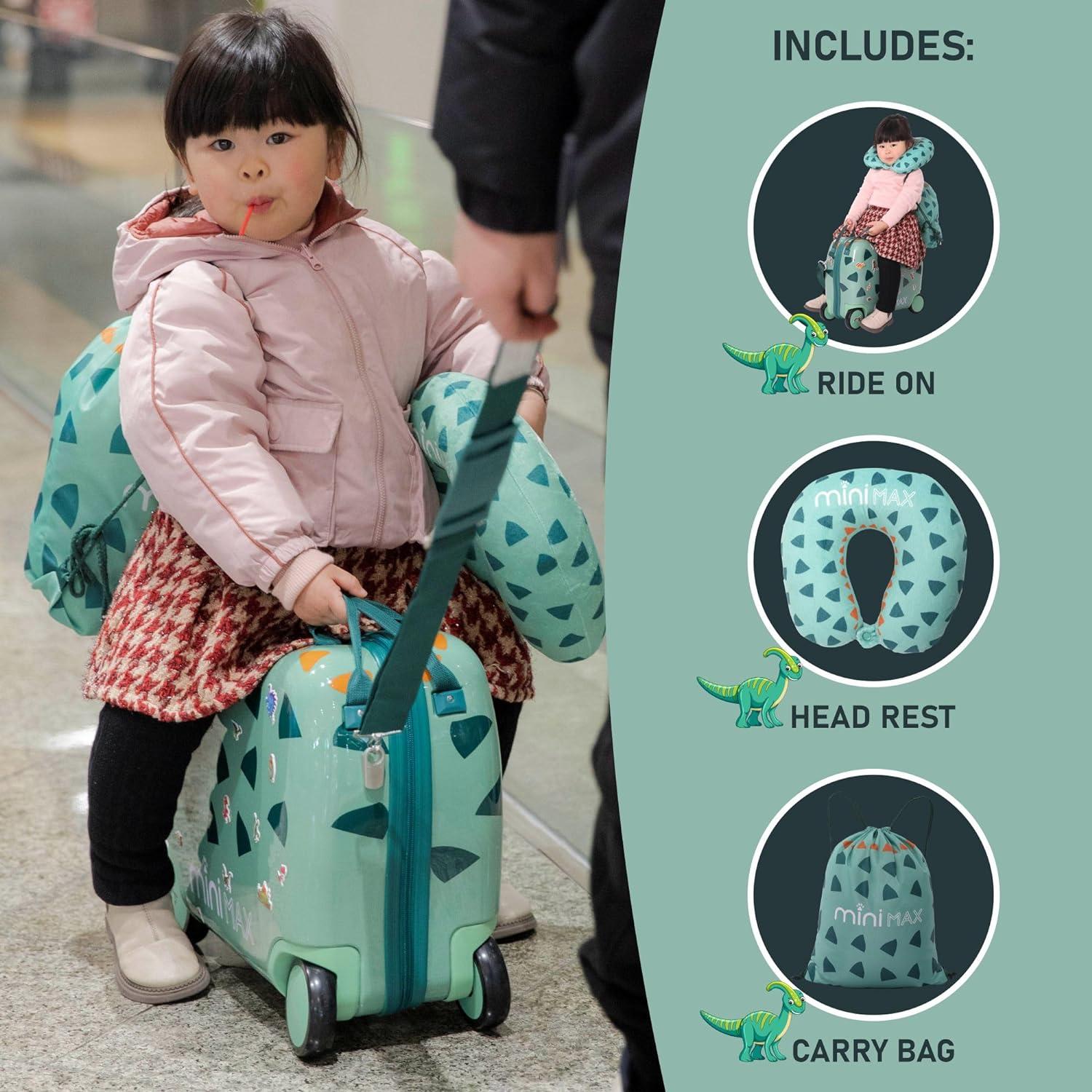 Aerolite MiniMax Childrens Ride-On Suitcase Fits 45x36x20cm EasyJet Maximum Size Kids Hand Luggage With Wheels 29L - Green Dinosaur