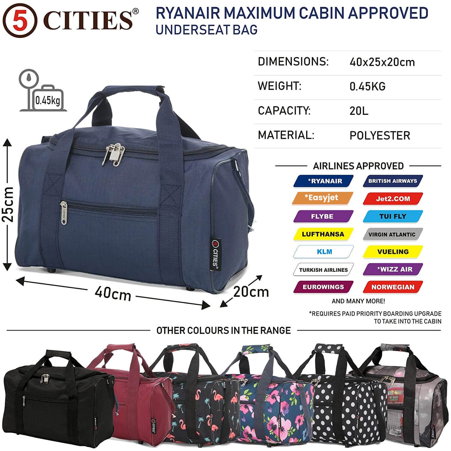 5 Cities (40x20x25cm) Ryanair Approved Hand Luggage Holdall Flight Bag, Under Seat Cabin Holdall – Take The Max On Board