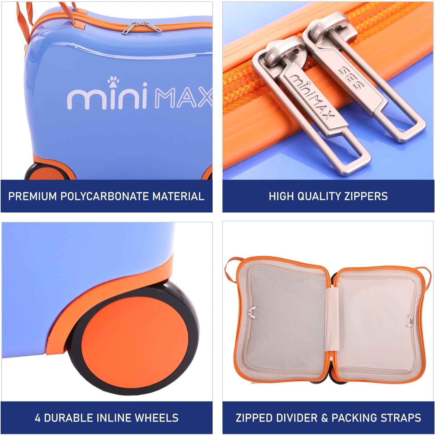 Aerolite MiniMax Childrens Ride-On Suitcase Fits 45x36x20cm EasyJet Maximum Size Kids Hand Luggage With Wheels 29L - Blue