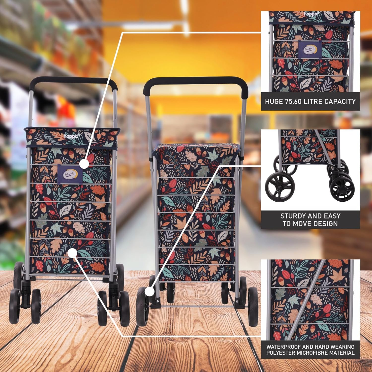 Hoppa Lightweight 6-Wheel Premium 2025 Model Folding Shopping Trolley Extra Large 75.6L Capacity Shopping Trolley Bag, 95cm, 5.25kg, Push/Pull (Black)