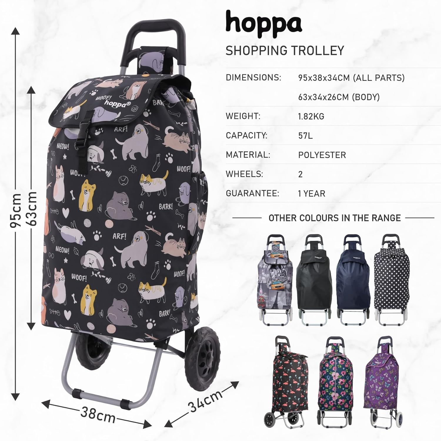 Hoppa 57Ltr Lightweight Shopping Trolley 2025 model, Hard Wearing & Foldaway Push/Pull Cart for Easy Storage With 1 Year Guarantee
