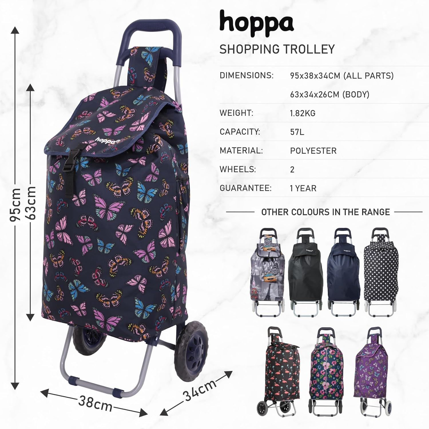 Hoppa 57Ltr Lightweight Shopping Trolley 2025 model, Hard Wearing & Foldaway Push/Pull Cart for Easy Storage With 1 Year Guarantee