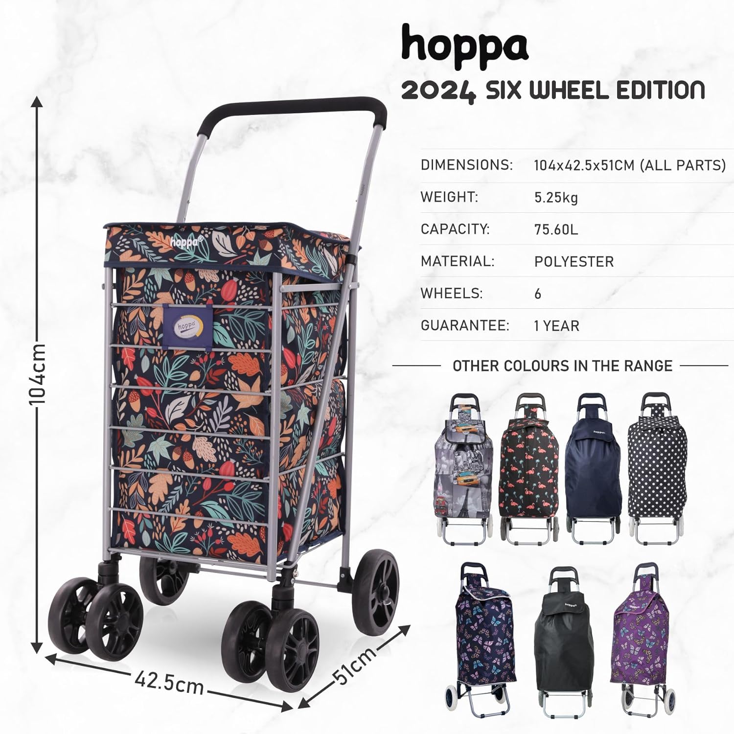 Hoppa Lightweight 6-Wheel Premium 2025 Model Folding Shopping Trolley Extra Large 75.6L Capacity Shopping Trolley Bag, 95cm, 5.25kg, Push/Pull (Black)