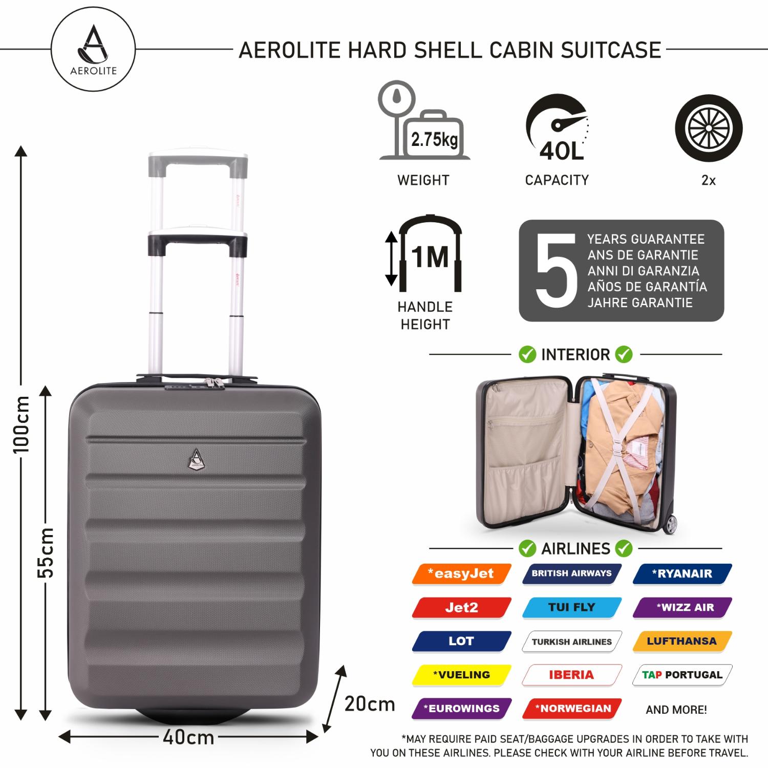 Aerolite (55x40x20cm) Ryanair Priority Max Lightweight Hard Shell Cabin Suitcase, 40L, 2 Wheels
