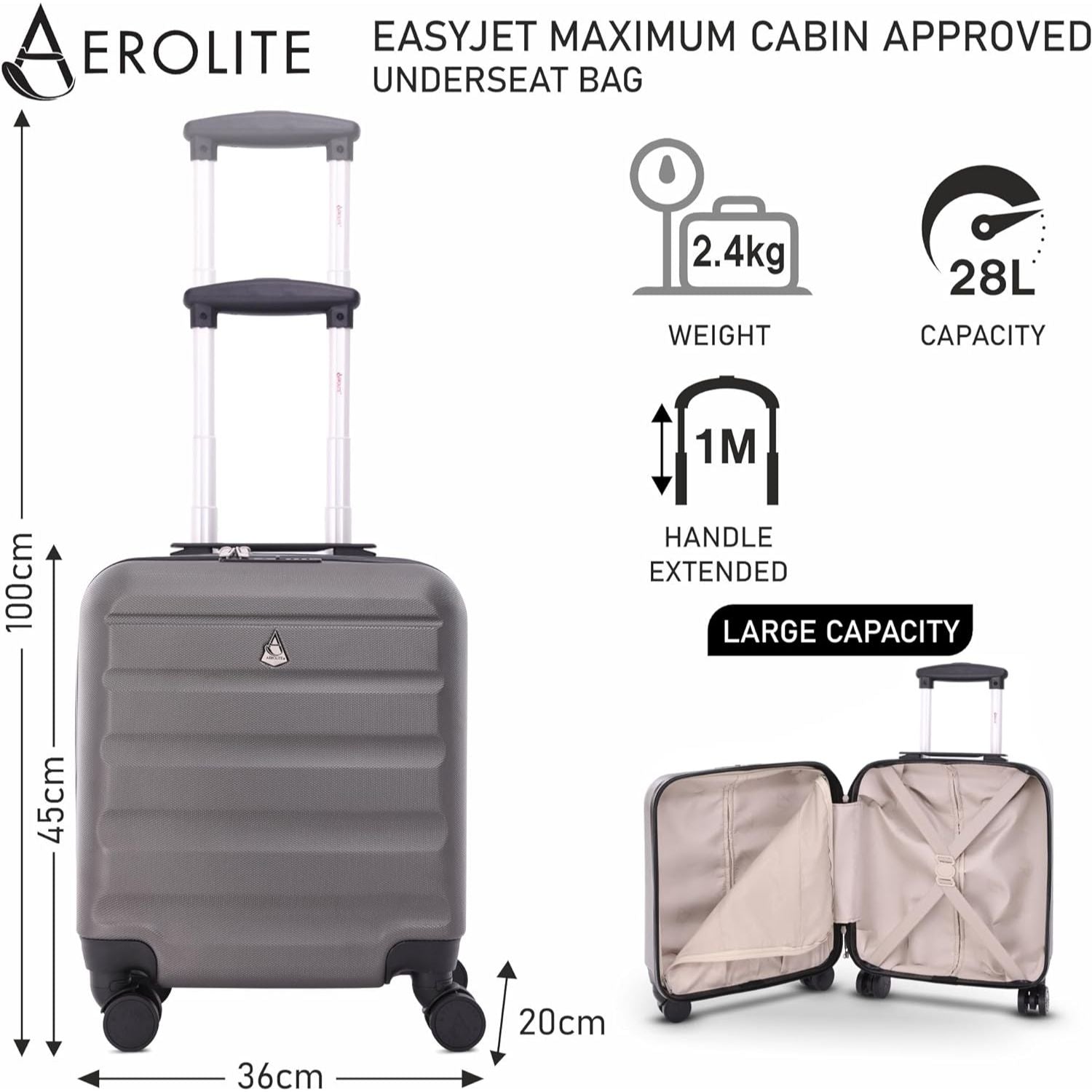 Aerolite 45x36x20cm Easyjet Maximum Size 8 Wheel ABS Hard Shell Carry On Hand Cabin Luggage Underseat Flight Travel Bag Spinner Suitcase 45x36x20 with TSA Lock & 5 Year Warranty