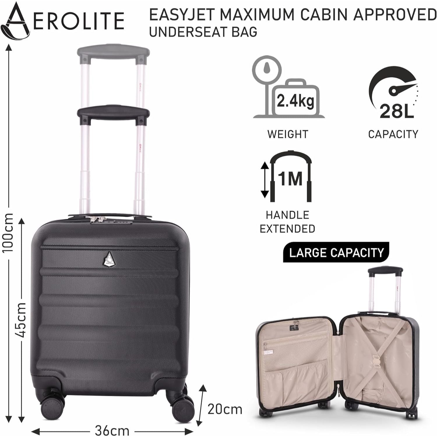 Aerolite 45x36x20cm Easyjet Maximum Size 8 Wheel ABS Hard Shell Carry On Hand Cabin Luggage Underseat Flight Travel Bag Spinner Suitcase 45x36x20 with TSA Lock & 5 Year Warranty