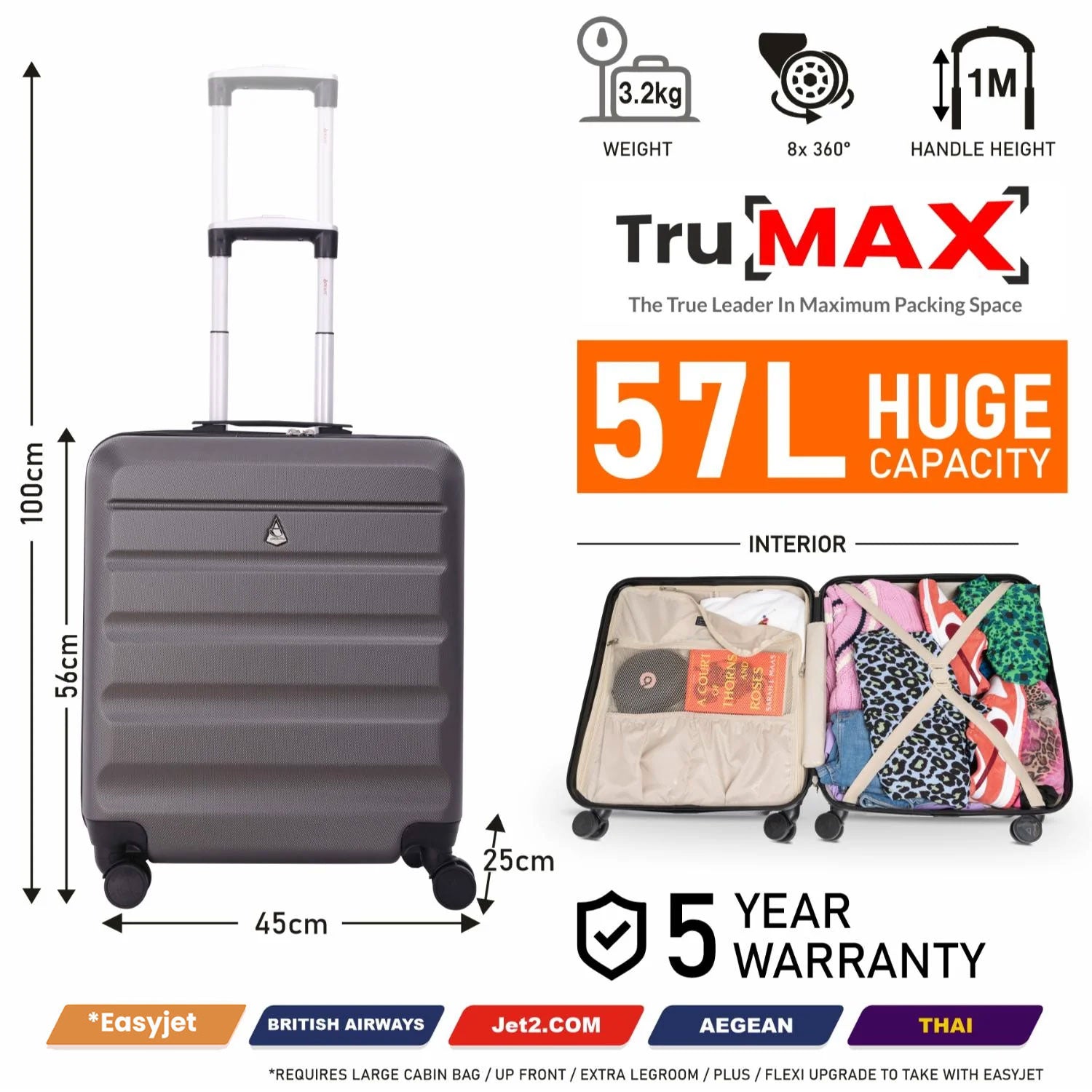 Aerolite Easyjet Bundle, Large Cabin (56x45x25cm) Lightweight Hard Shell Cabin Suitcase & (45x36x20cm) Easyjet Max Holdall