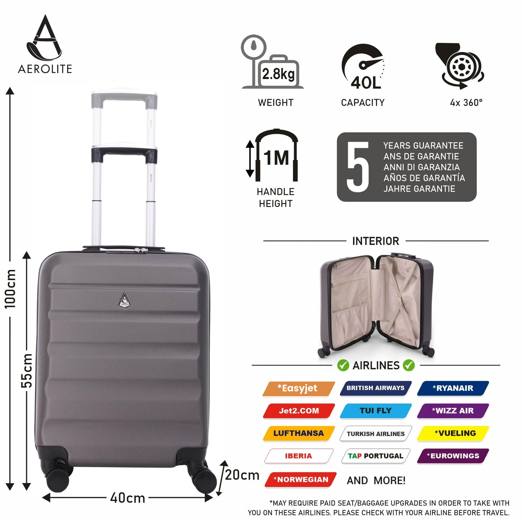 Aerolite (55x40x20cm) Lightweight Hard Shell Cabin Hand Luggage, Maximum Possible Allowance for Ryanair (Priority) 40L, 4 Wheels