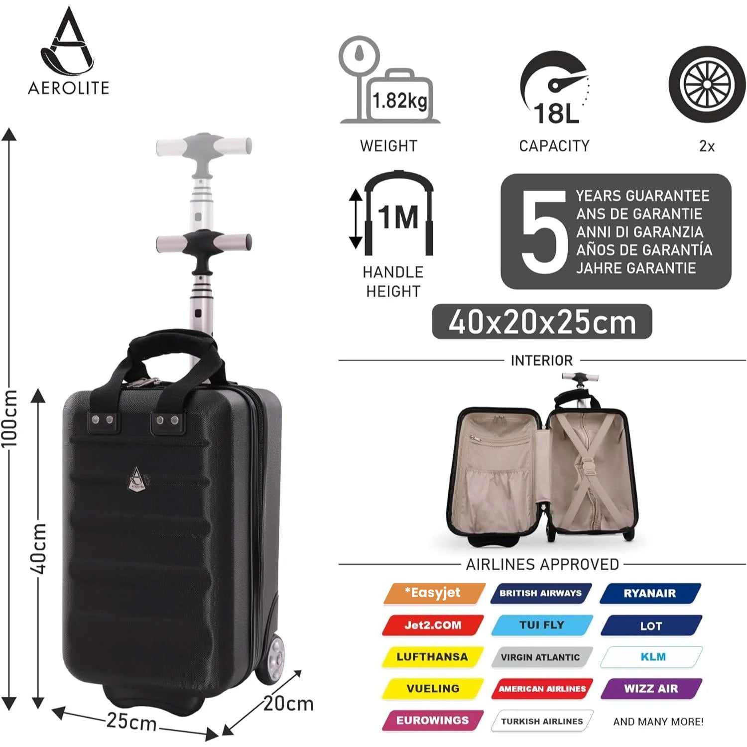 Aerolite 40x20x25cm Ryanair Maximum Under Seat Lightweight Eco Friendly Hard Shell Carry On Hand Cabin Luggage Travel Suitcase Cabin Bags 40x20x25 Underseat with 2 Wheels and TSA Approved Lock Black