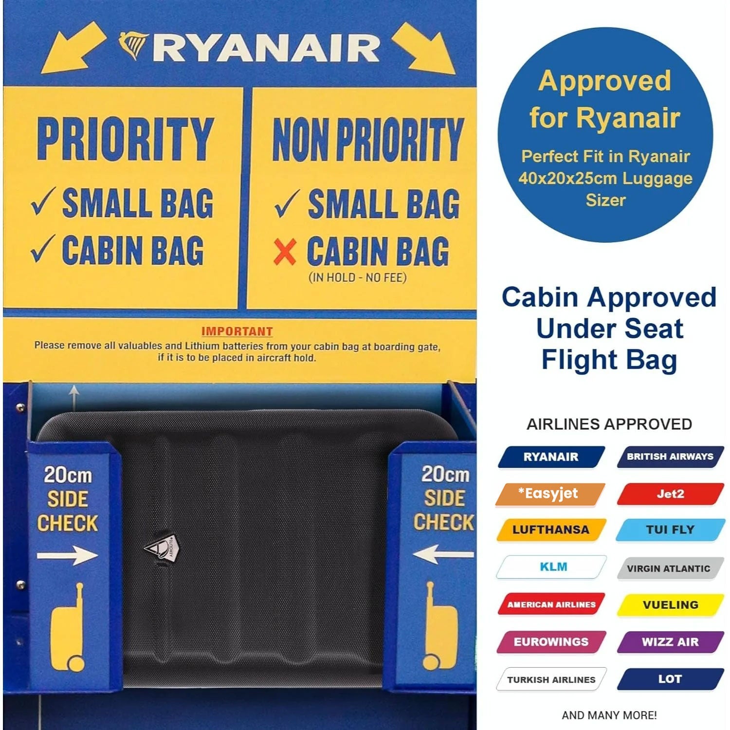 Aerolite 40x20x25cm Ryanair Maximum Under Seat Lightweight Eco Friendly Hard Shell Carry On Hand Cabin Luggage Travel Suitcase Cabin Bags 40x20x25 Underseat with 2 Wheels and TSA Approved Lock Black