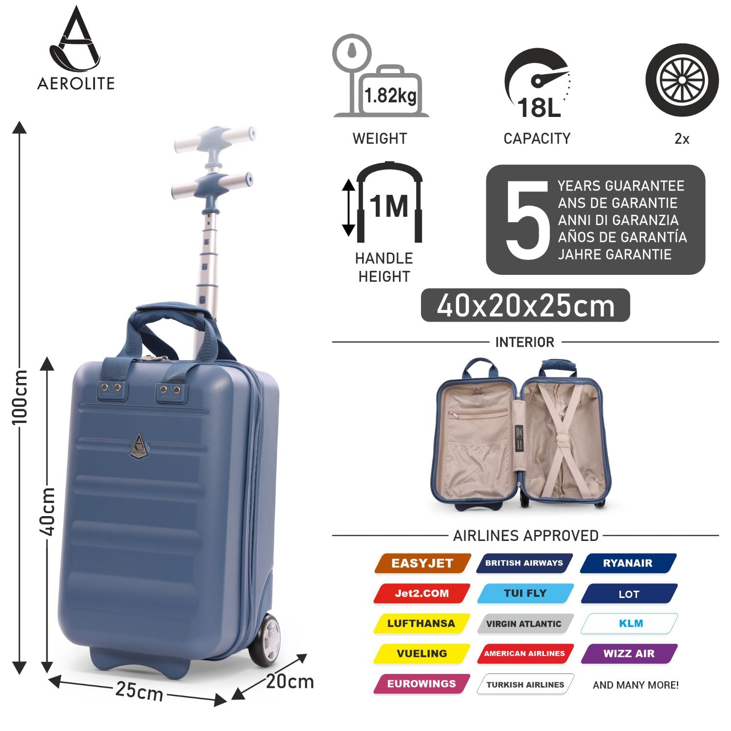 Aerolite 40x20x25cm Ryanair Approved Cabin Bag – Lightweight 2-Wheel Hard Shell Underseat Luggage with TSA Lock – Eco-Friendly Interior – Blue