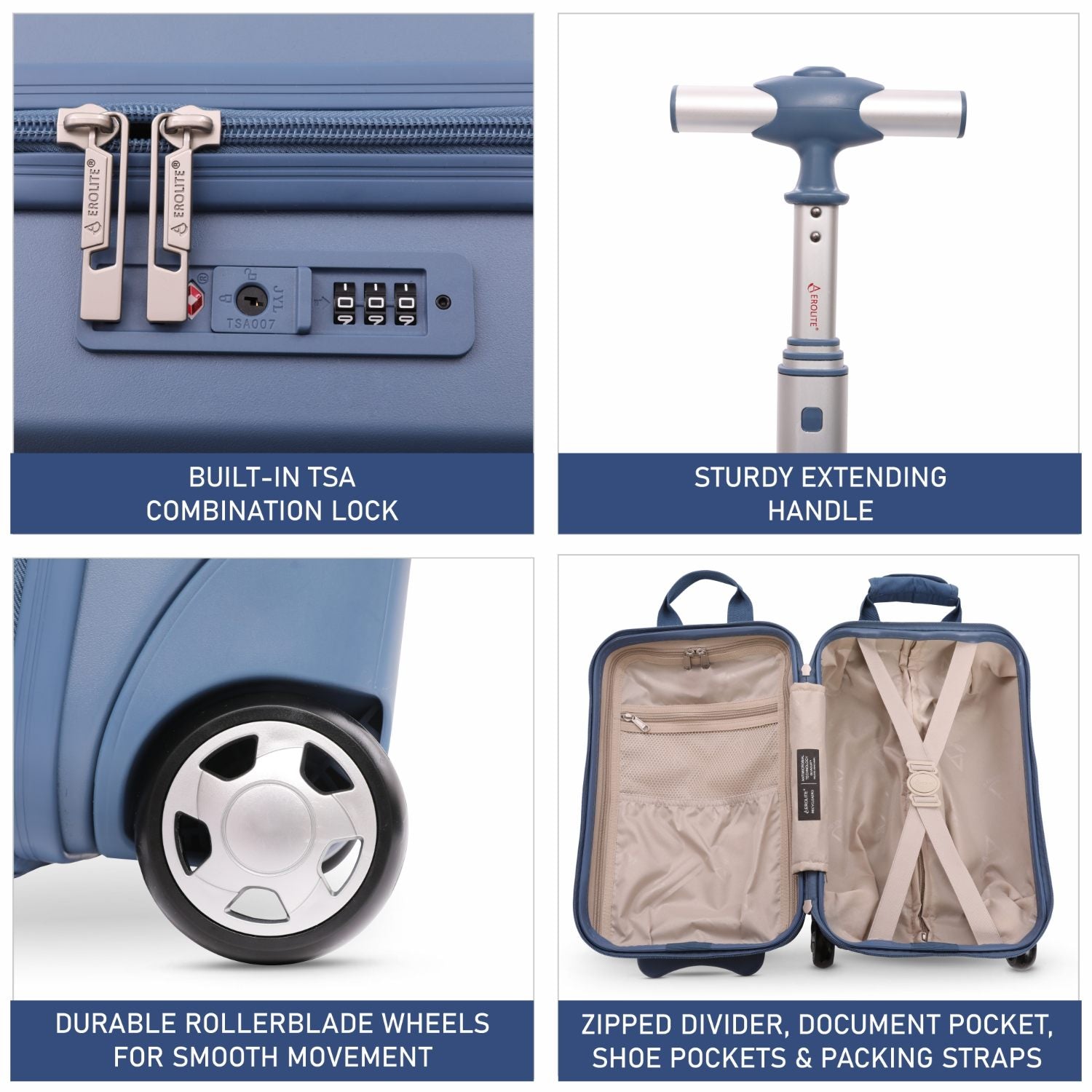 Aerolite 40x20x25cm Ryanair Approved Cabin Bag – Lightweight 2-Wheel Hard Shell Underseat Luggage with TSA Lock – Eco-Friendly Interior – Blue