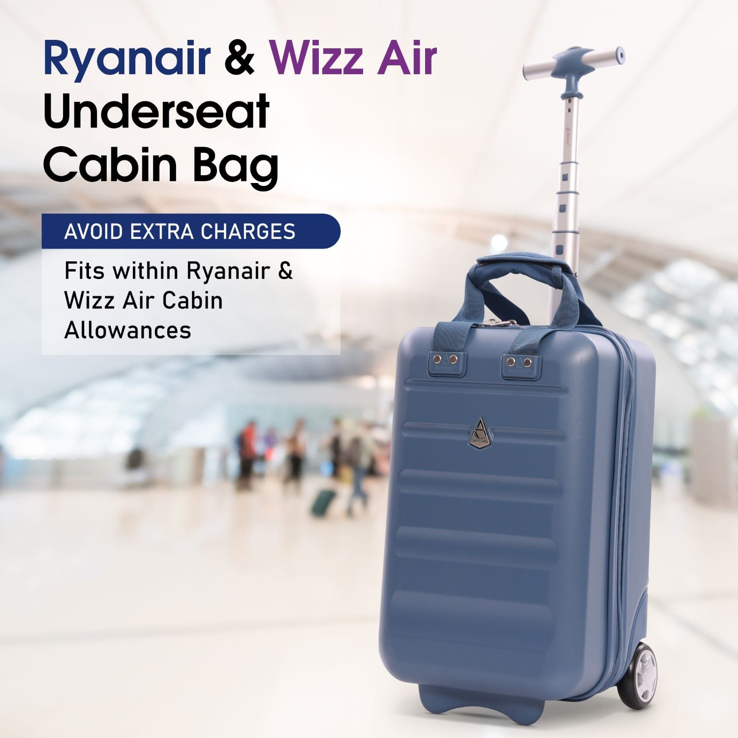 Aerolite 40x20x25cm Ryanair Approved Cabin Bag – Lightweight 2-Wheel Hard Shell Underseat Luggage with TSA Lock – Eco-Friendly Interior – Blue