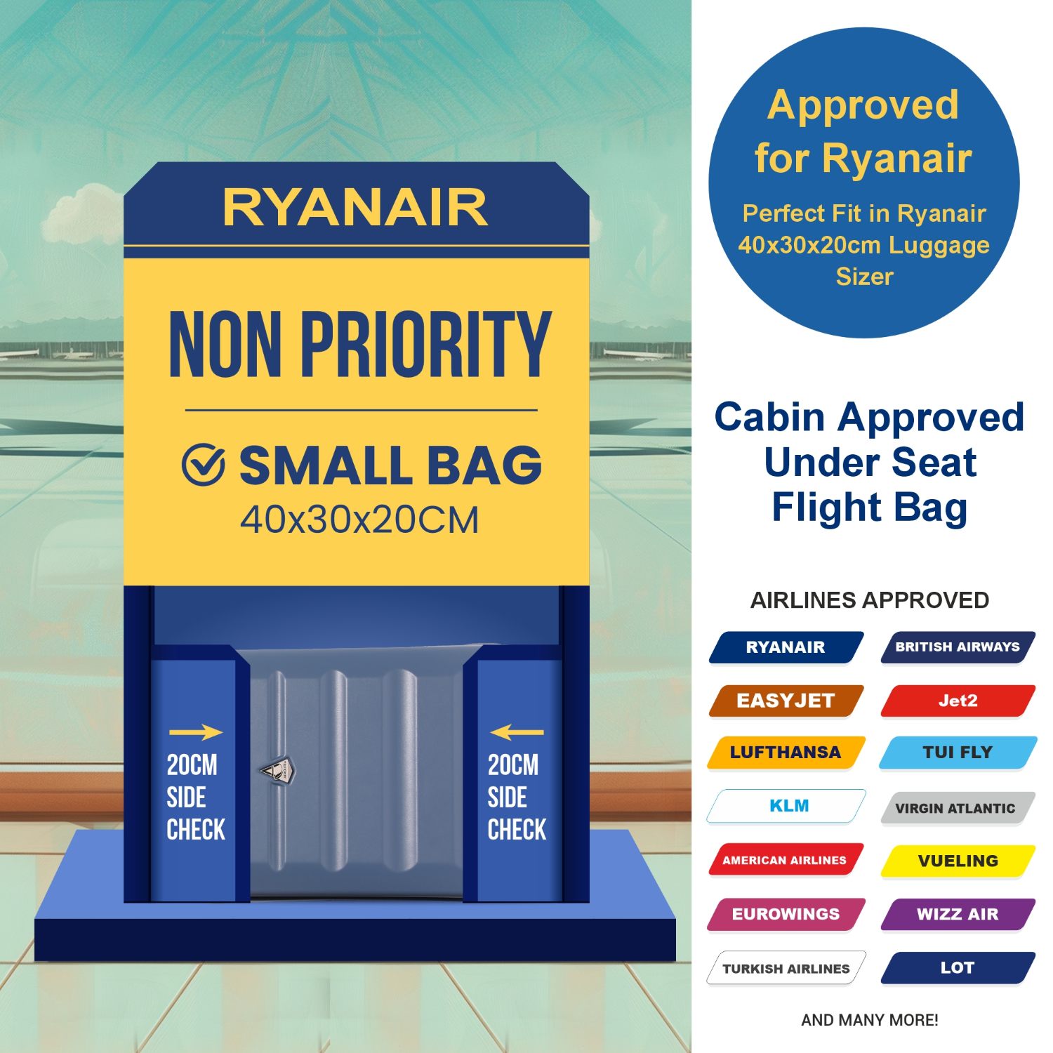 Aerolite 40x20x25cm Ryanair Approved Cabin Bag – Lightweight 2-Wheel Hard Shell Underseat Luggage with TSA Lock – Eco-Friendly Interior – Blue