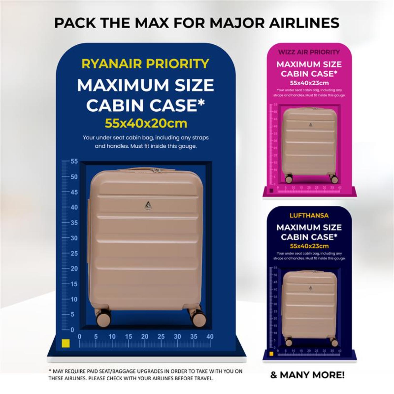 Aerolite Expandable 55x40x20cm to 55x40x23cm Ryanair Priority, Wizz Air Priority, Lufthansa Max Size Lightweight Hard Shell Carry On Hand Cabin Luggage Suitcase with 4 Wheels (BEIGE)