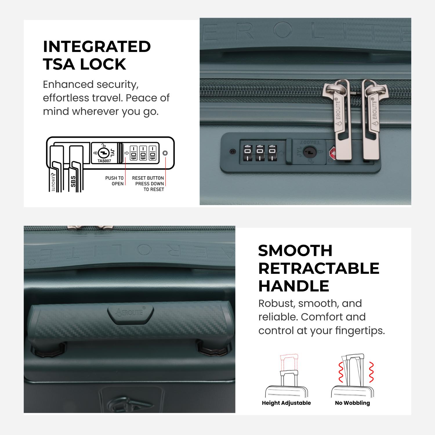 Aerolite Lightweight ABS Hard Shell 4 Wheel Spinner 4 Piece Travel Luggage Suitcase Set , Cabin + Medium + Large + Extra Large (FOREST GREEN)