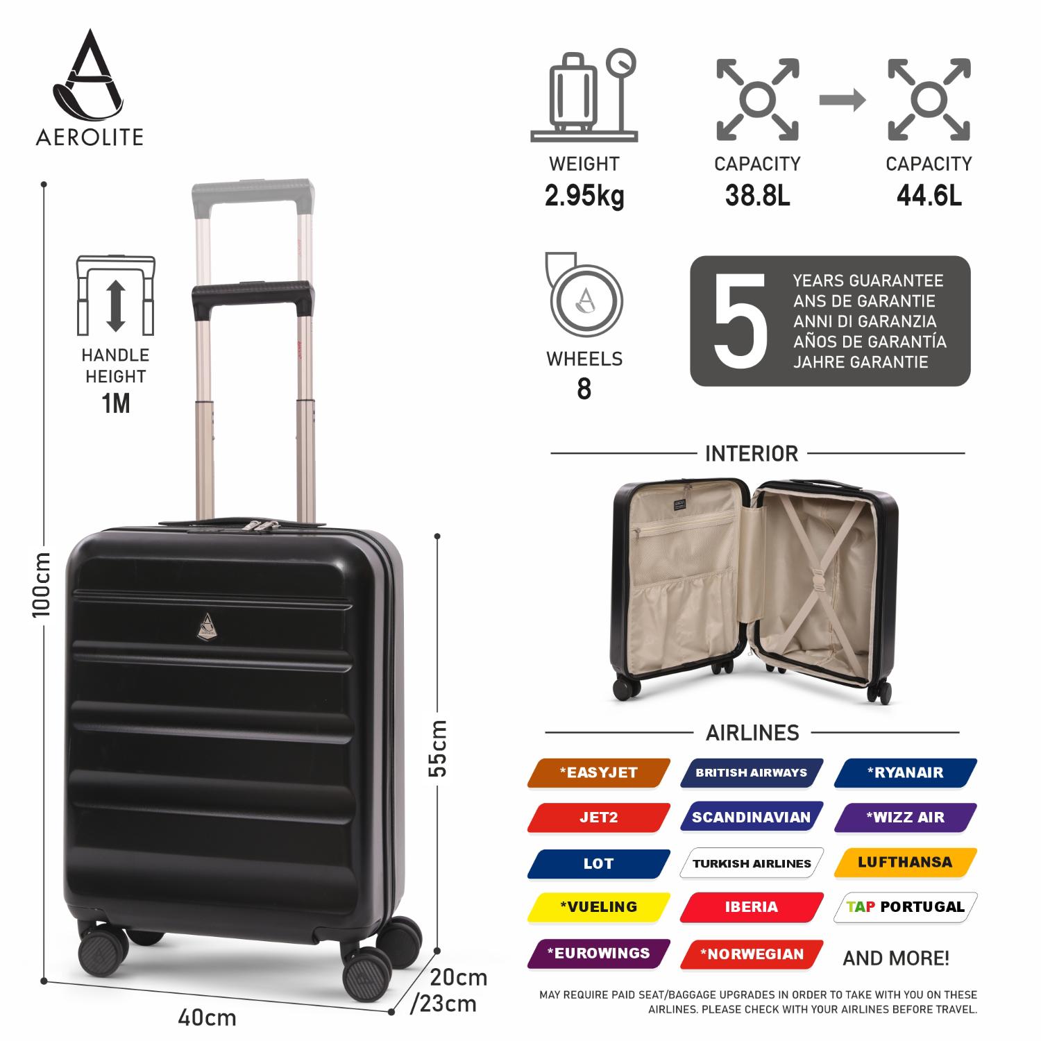Aerolite Lightweight ABS Hard Shell 4 Wheel Spinner 4 Piece Travel Luggage Suitcase Set , Cabin + Medium + Large + Extra Large (BLACK)