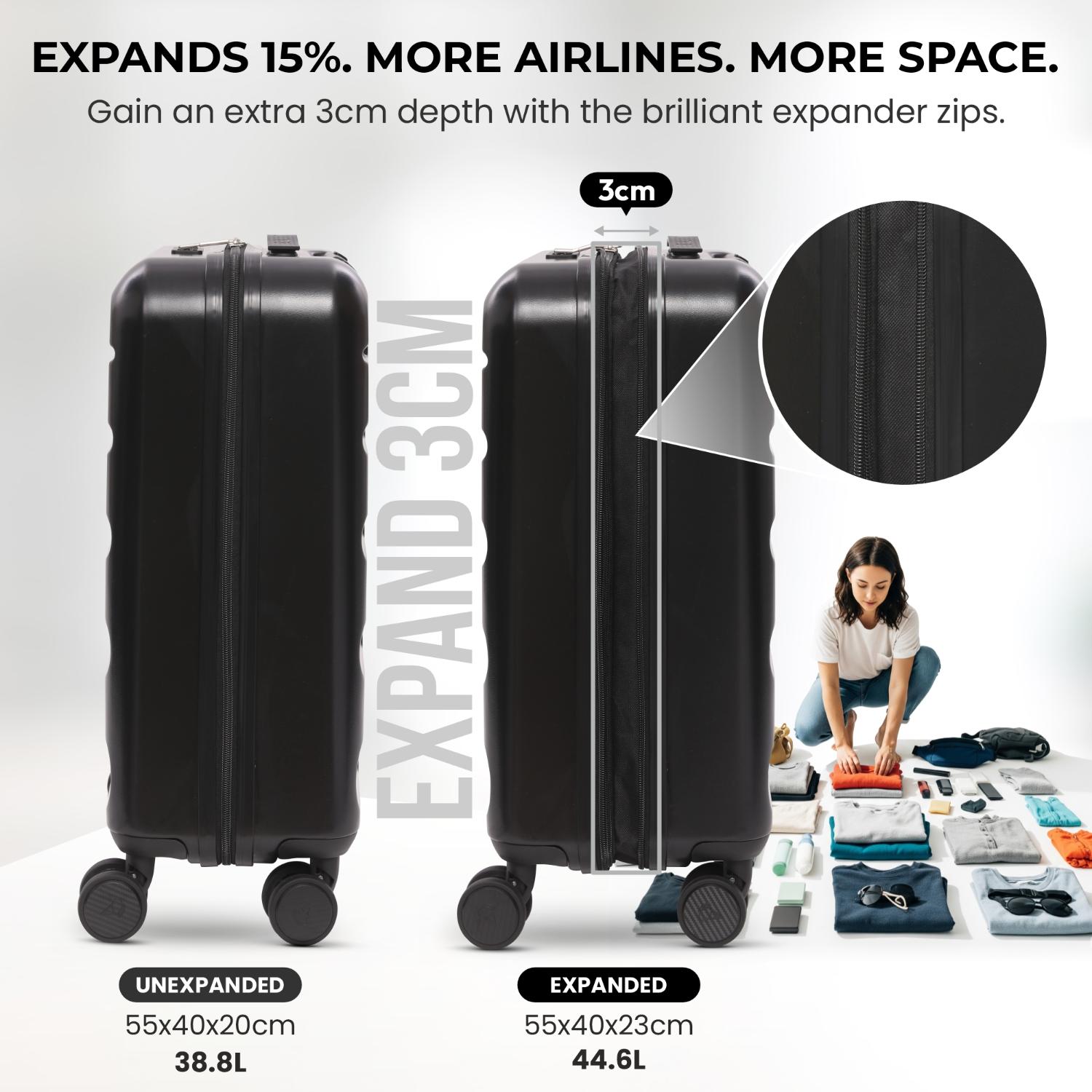 Aerolite Expandable 55x40x20cm to 55x40x23cm Ryanair Priority, Wizz Air Priority, Lufthansa Max Size Lightweight Hard Shell Carry On Hand Cabin Luggage Suitcase with 4 Wheels (BLACK)