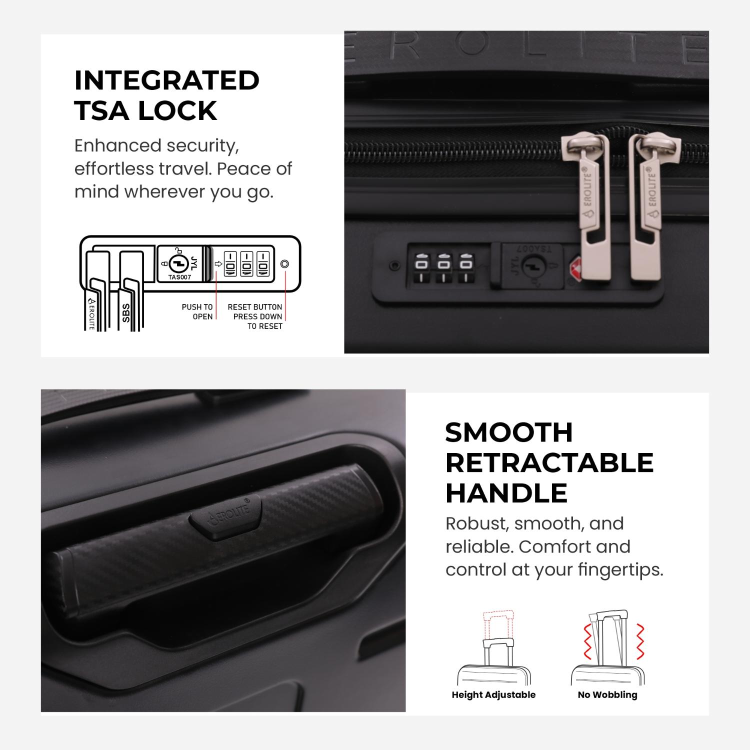 Aerolite Lightweight ABS Hard Shell 4 Wheel Spinner 4 Piece Travel Luggage Suitcase Set , Cabin + Medium + Large + Extra Large (BLACK)