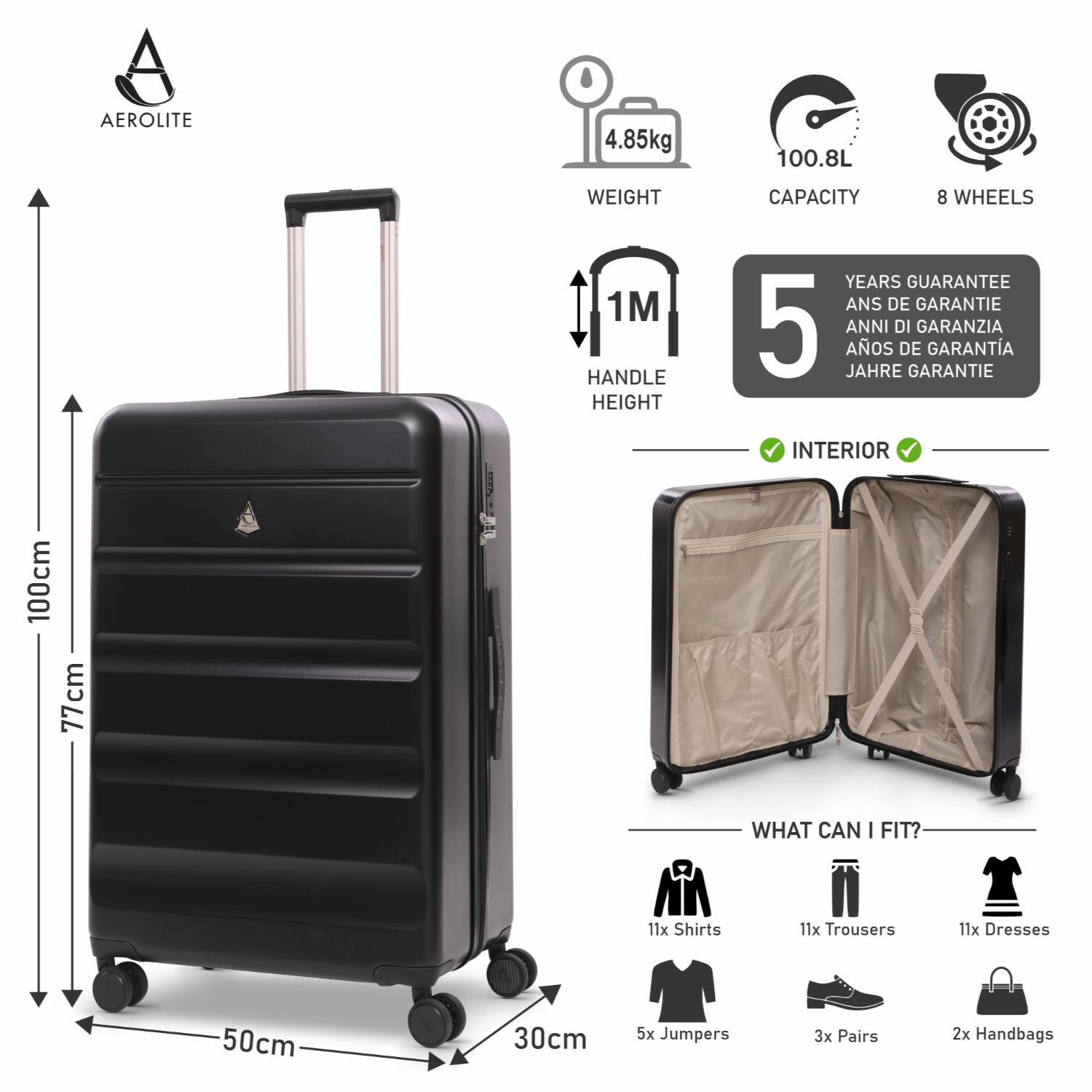 Aerolite Lightweight ABS Hard Shell 4 Wheel Spinner 4 Piece Travel Luggage Suitcase Set , Cabin + Medium + Large + Extra Large (BLACK)