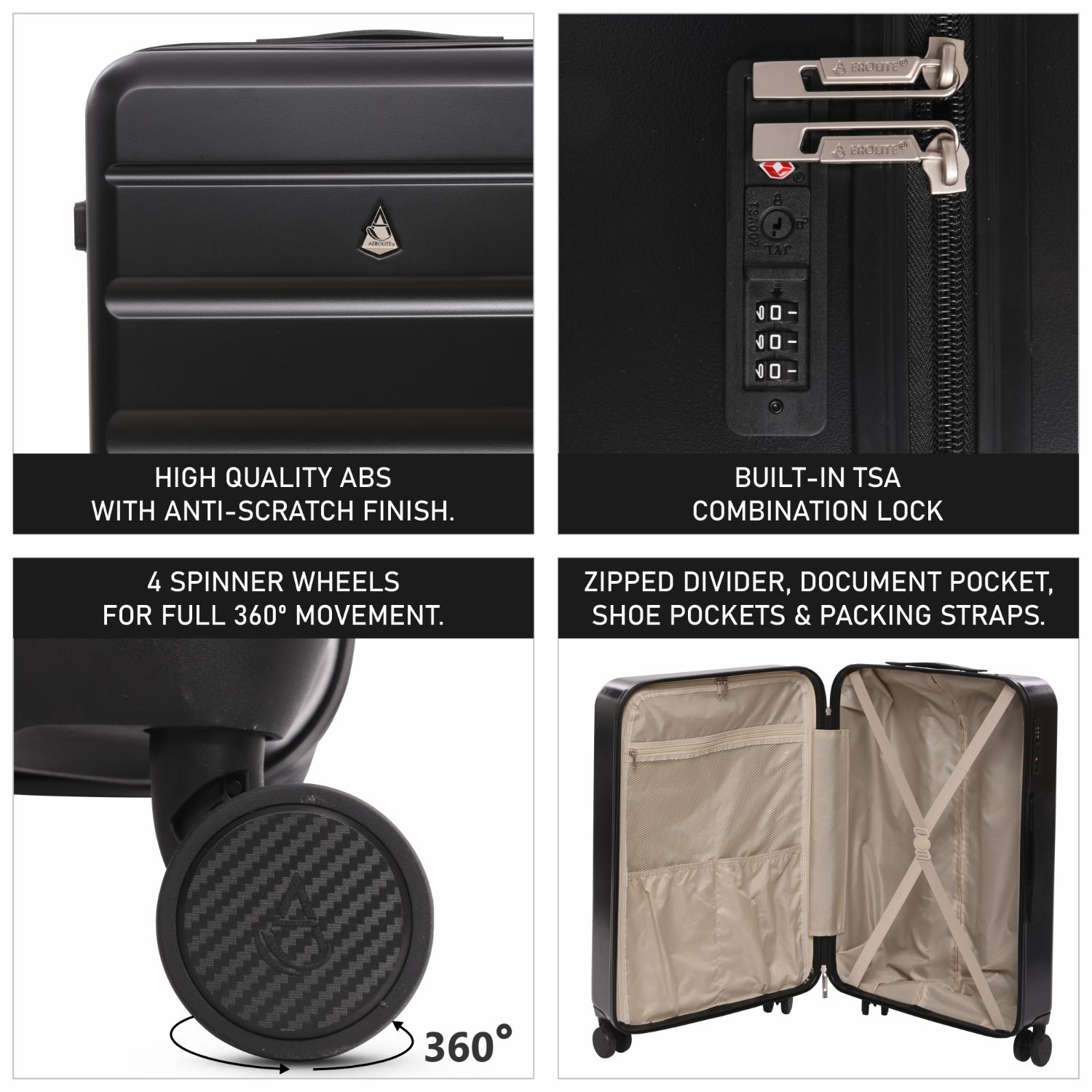 Aerolite Lightweight ABS Hard Shell 4 Wheel Spinner 4 Piece Travel Luggage Suitcase Set , Cabin + Medium + Large + Extra Large (BLACK)