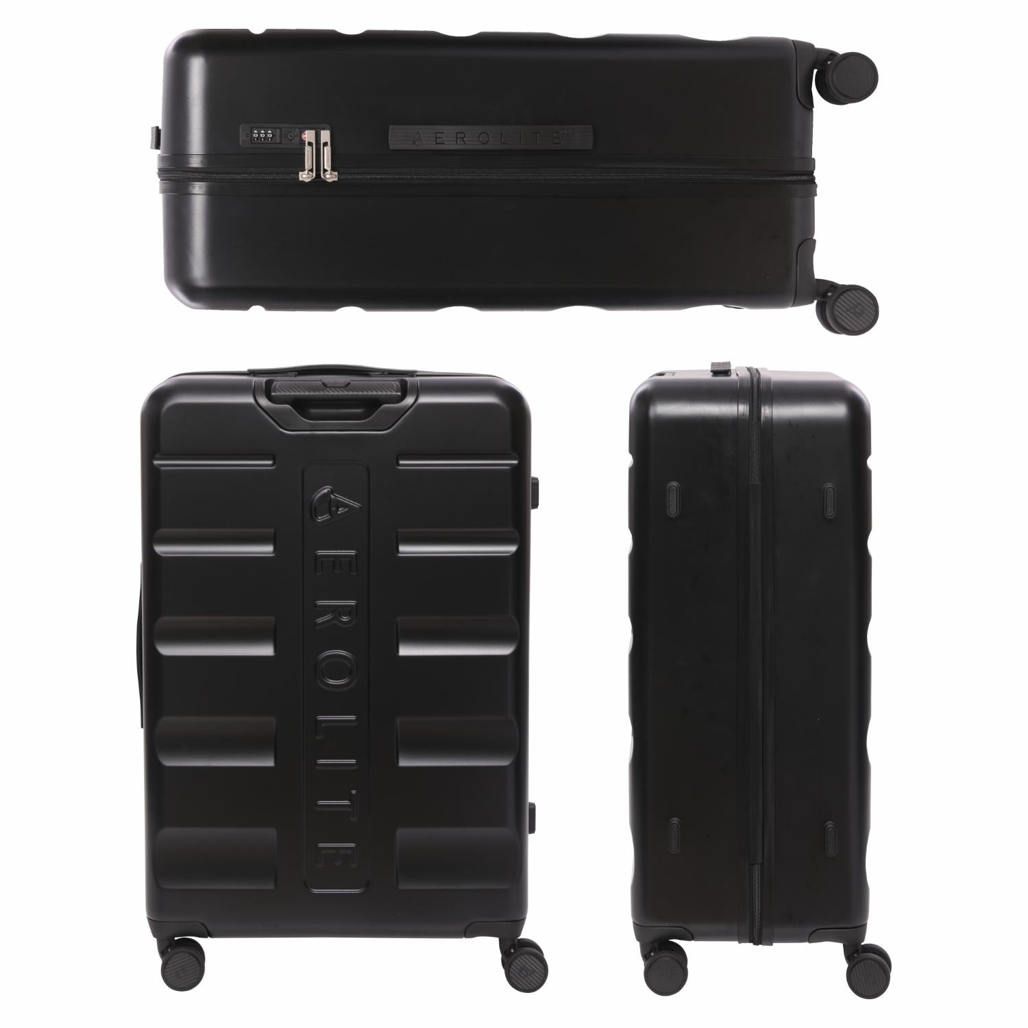 Aerolite Lightweight ABS Hard Shell 4 Wheel Spinner 4 Piece Travel Luggage Suitcase Set , Cabin + Medium + Large + Extra Large (BLACK)