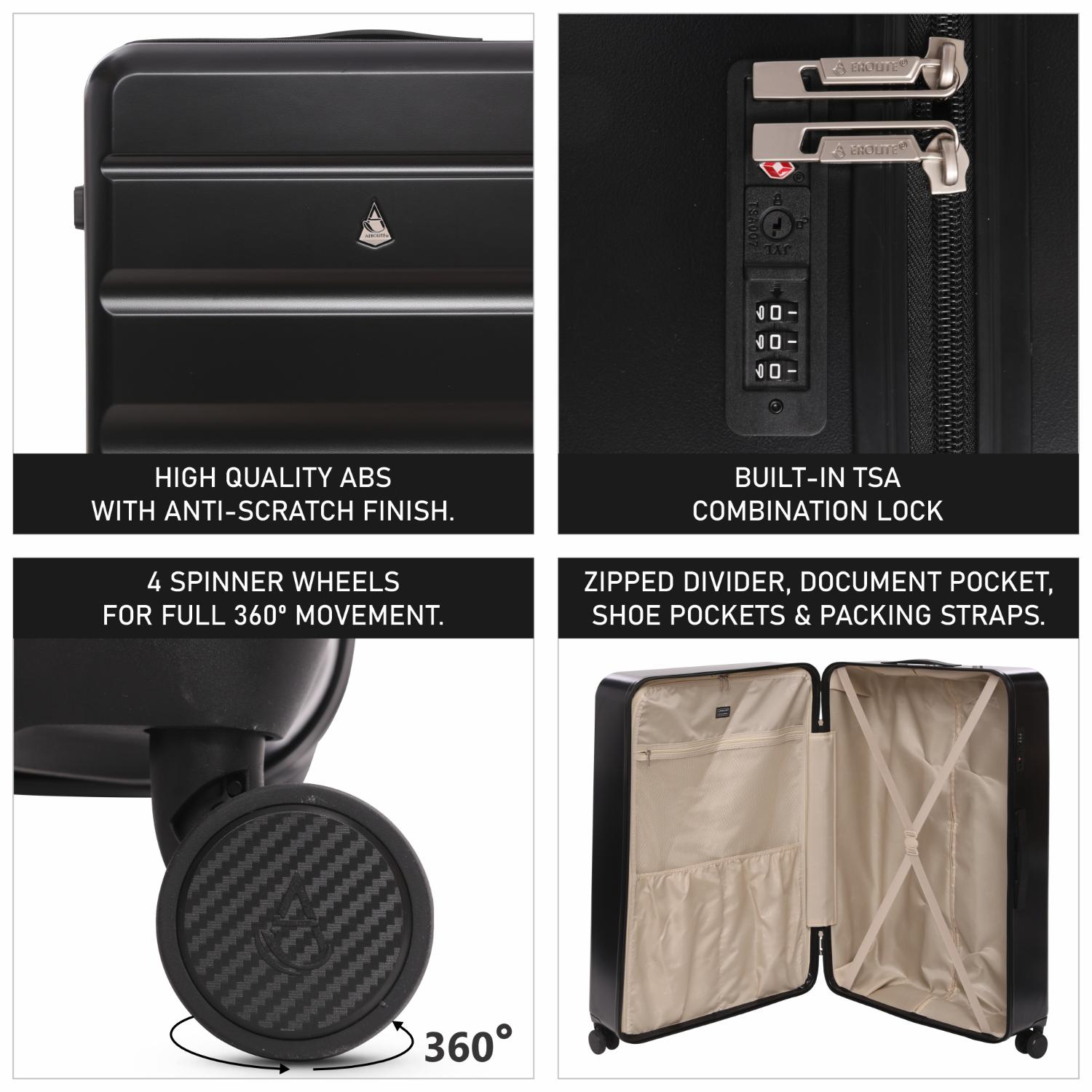 Aerolite Lightweight ABS Hard Shell 4 Wheel Spinner 4 Piece Travel Luggage Suitcase Set , Cabin + Medium + Large + Extra Large (BLACK)