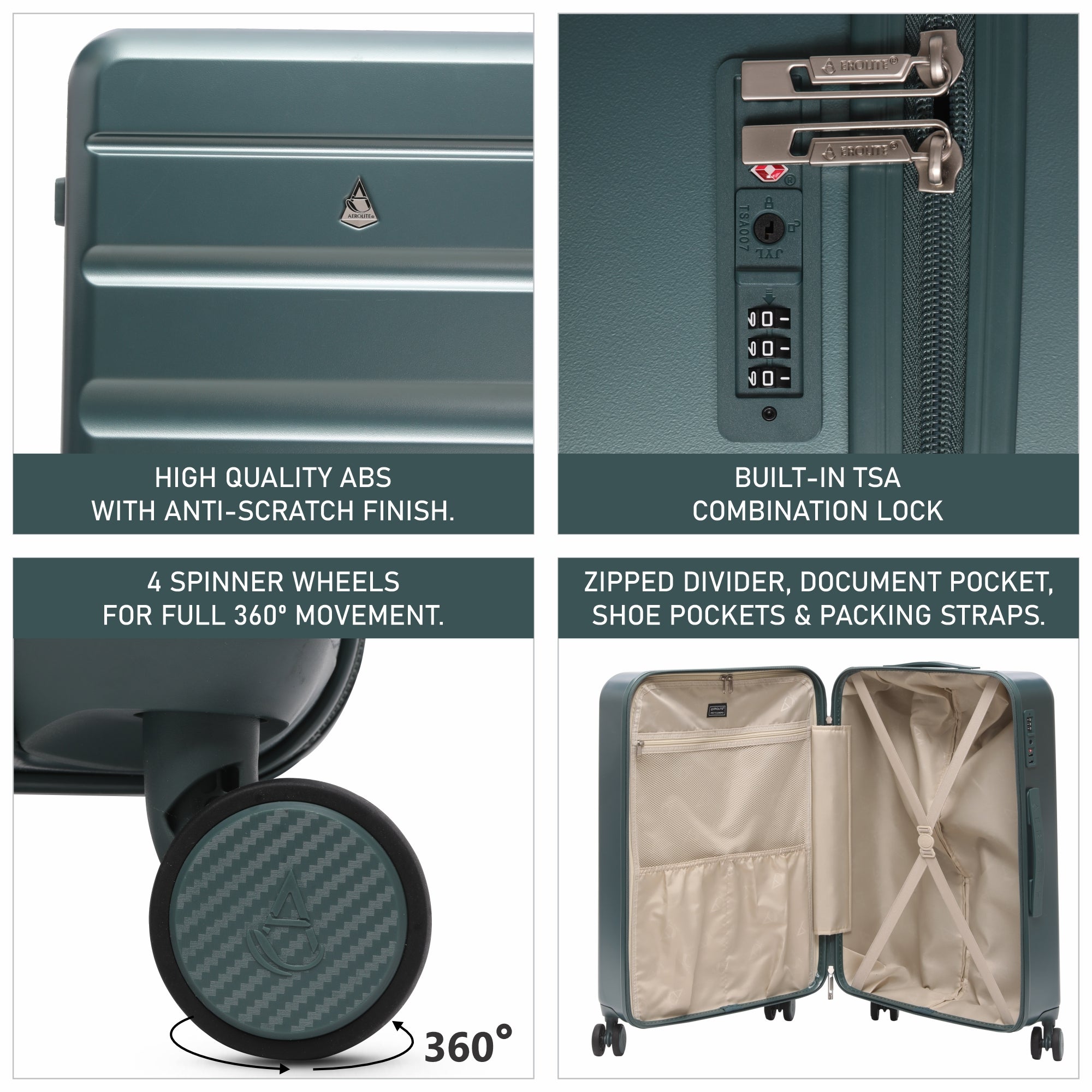 Aerolite Large 28” 100L Lightweight ABS Hard Shell Suitcase, 4 Dual Wheel Spinner, TSA Lock, Durable Check-In Hold Luggage - Forest Green