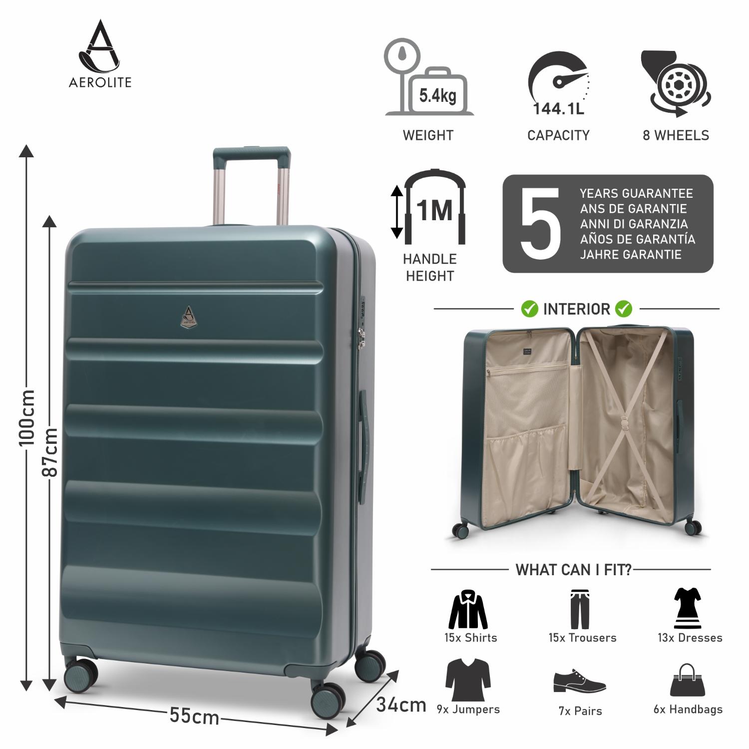 Aerolite Lightweight ABS Hard Shell 4 Wheel Spinner 4 Piece Travel Luggage Suitcase Set , Cabin + Medium + Large + Extra Large (FOREST GREEN)
