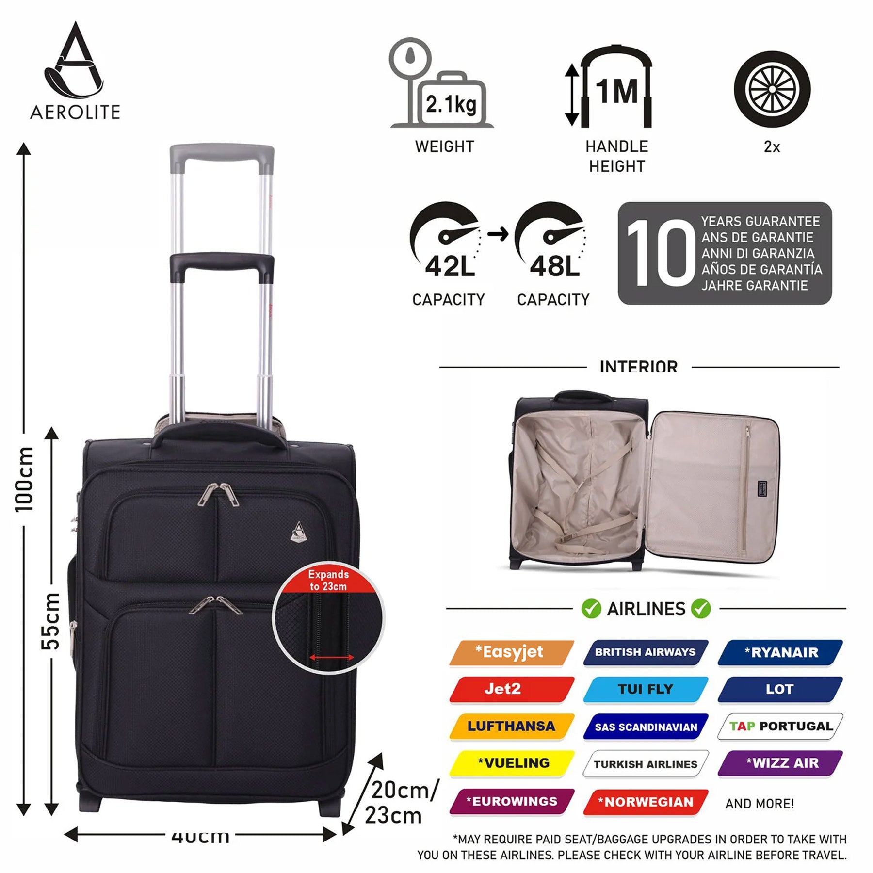 Aerolite 55x40x20 + 40x20x25 Ryanair Priority Maximum Allowance 2 Piece Carry On Hand Cabin Luggage Set Bundle Black (55x40x20 Suitcase + 40x20x25 Holdall)