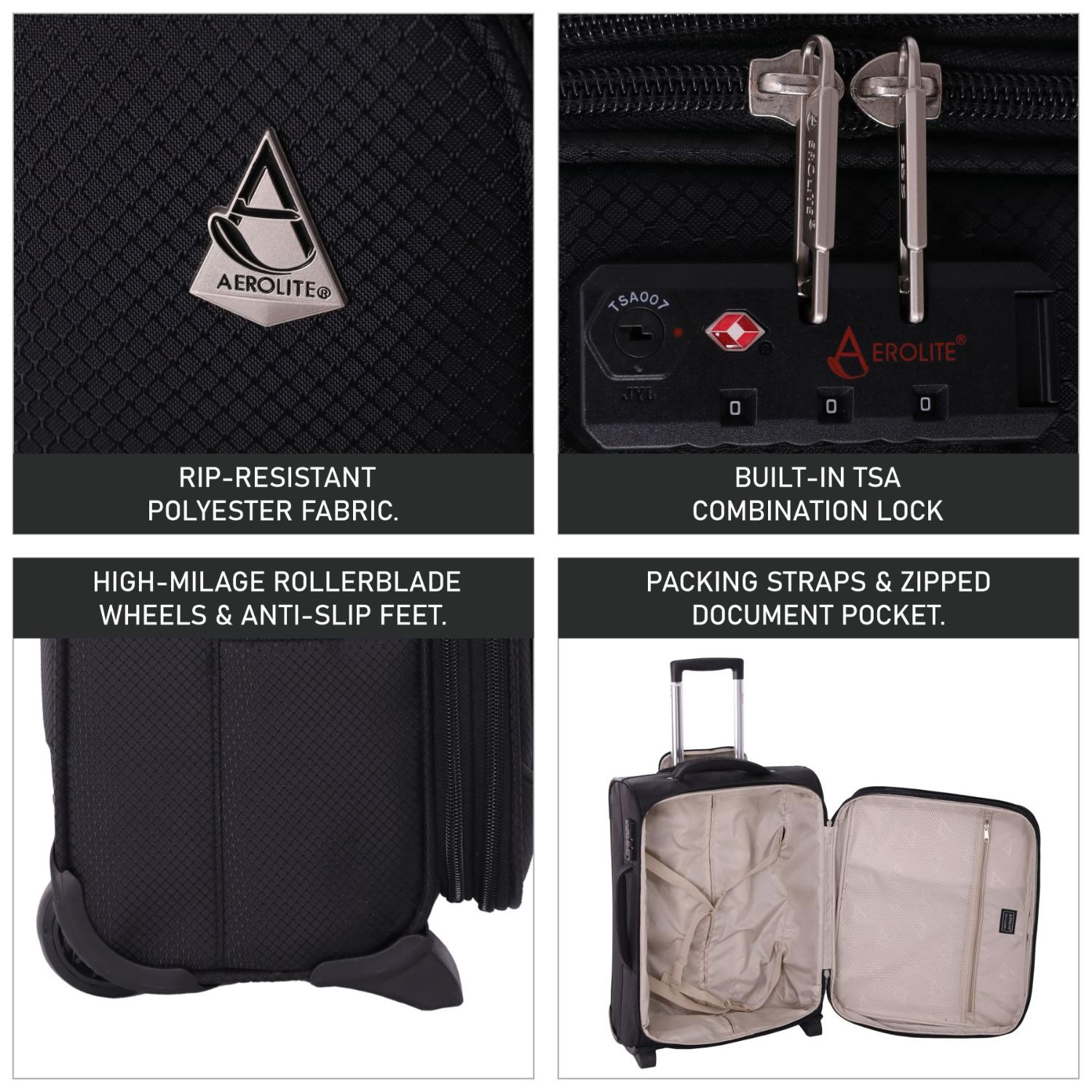 Aerolite 55x40x20 + 40x20x25 Ryanair Priority Maximum Allowance 2 Piece Carry On Hand Cabin Luggage Set Bundle Black (55x40x20 Suitcase + 40x20x25 Holdall)