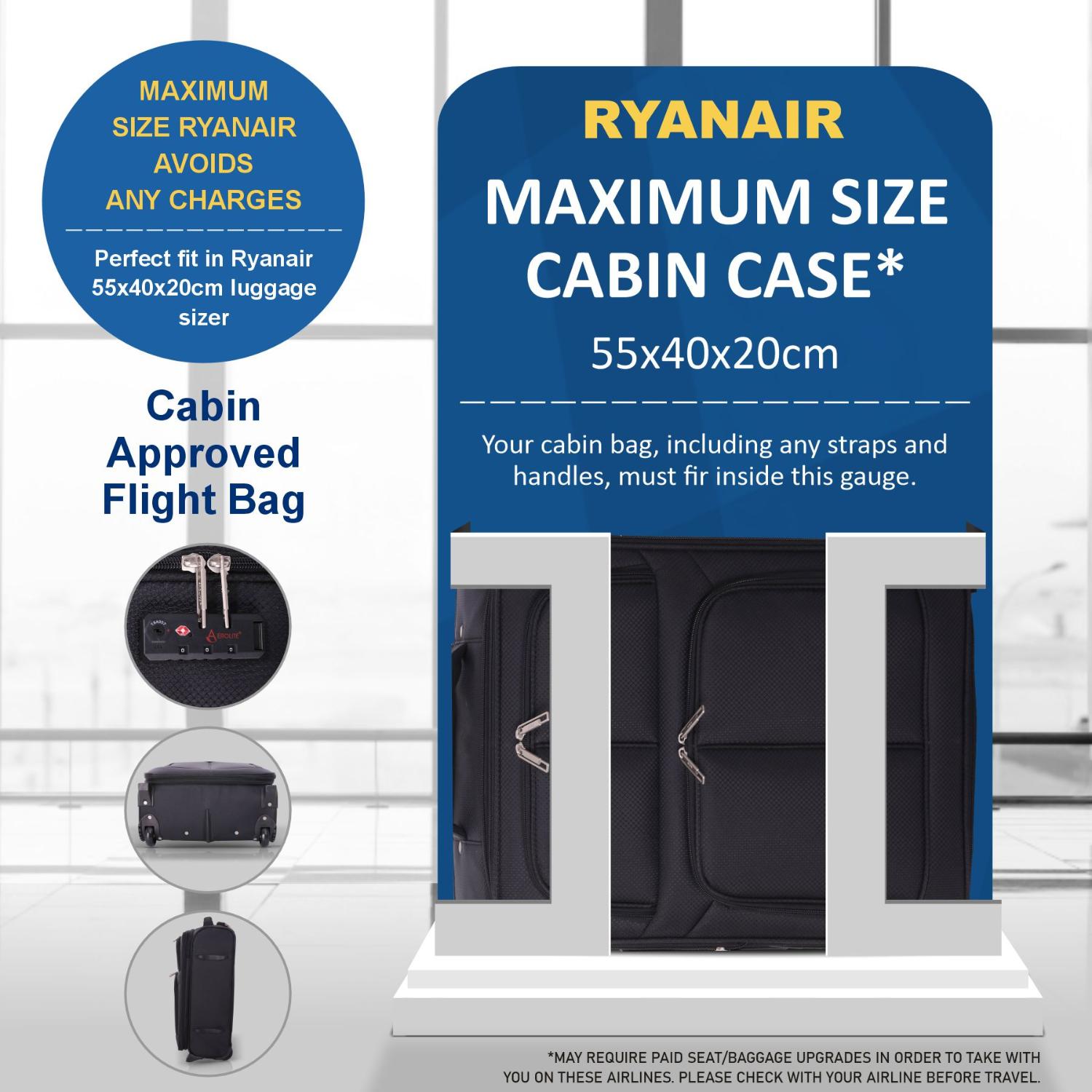 Aerolite 55x40x20 + 40x20x25 Ryanair Priority Maximum Allowance 2 Piece Carry On Hand Cabin Luggage Set Bundle Black (55x40x20 Suitcase + 40x20x25 Holdall)