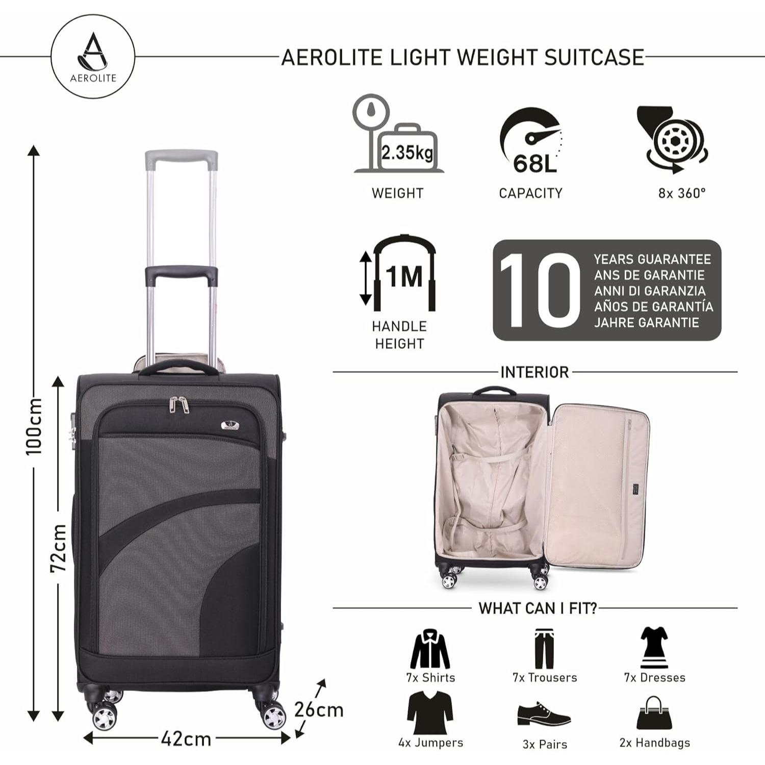 Aerolite Super Lightweight 4 Wheels Soft Shell Cabin & Hold Luggage, Cabin Size Approved for Ryanair (Priority), easyJet (Plus/Large Cabin), British Airways, Delta, Lufthansa Bundle