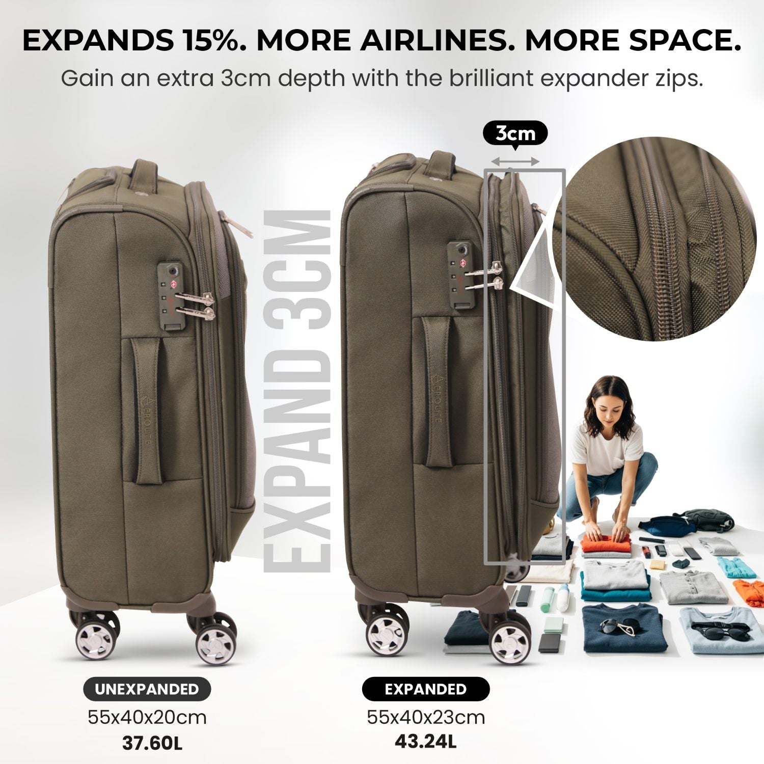 Aerolite Expandable 55x40x20cm to 55x40x23cm 4-Wheel Cabin Suitcase – MAX Size for Ryanair Priority & Wizz Air, Lufthansa, Ultra Lightweight Soft Shell Carry On with TSA Lock - Midnight Fern