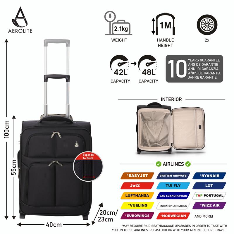 Aerolite Expandable (55x40x20cm) to (55x40x23cm) Lightweight Cabin Hand Luggage 2 Wheels, Maximum Possible Allowance For Ryanair (Priority), Lufthansa