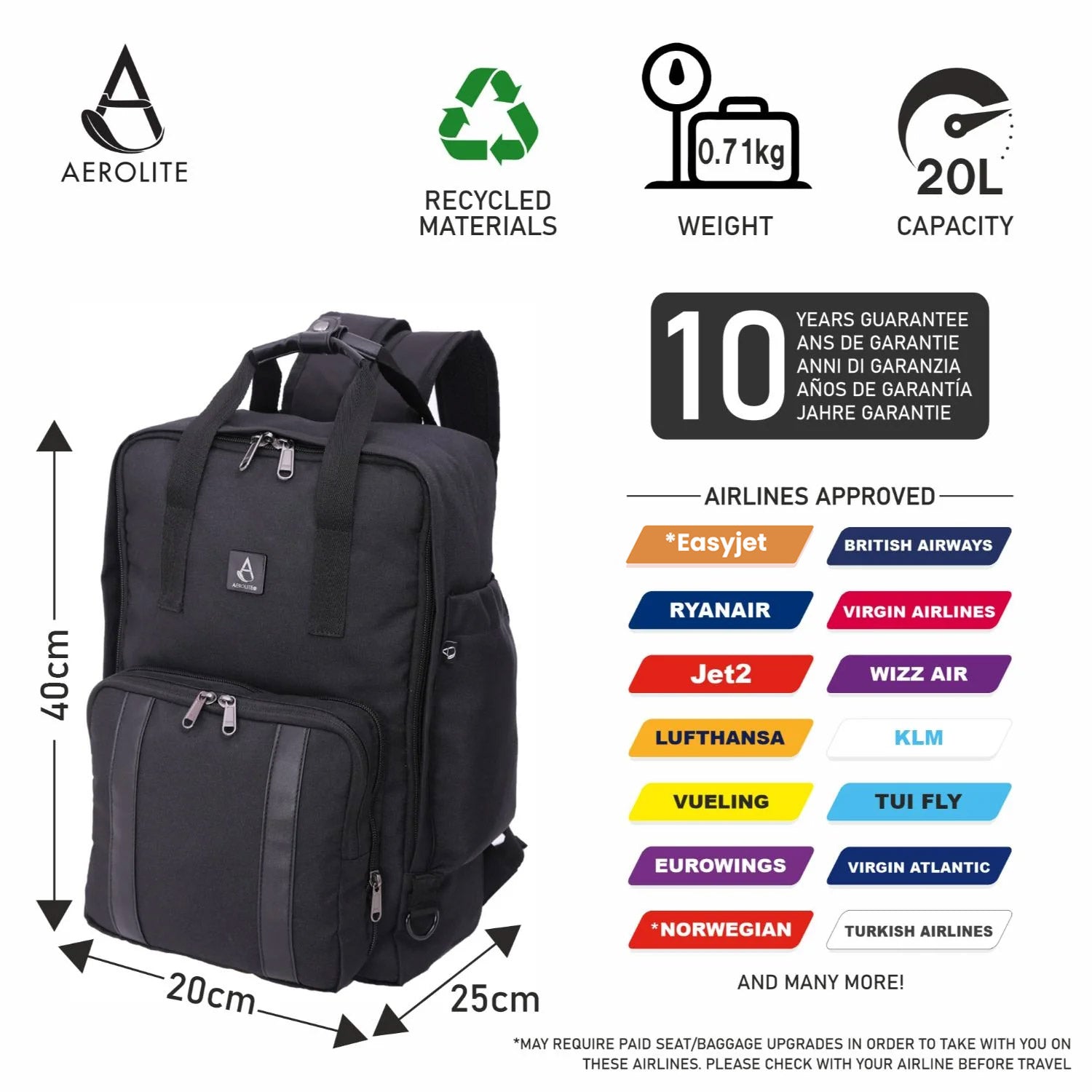 Aerolite 40x20x25cm Premium Ryanair Maximum Size Backpack With Removable Small Carry Pouch Eco-Friendly Shower-Resistant Cabin Luggage Approved Travel Carry On Holdall Flight Rucksack with 10 Year Warranty