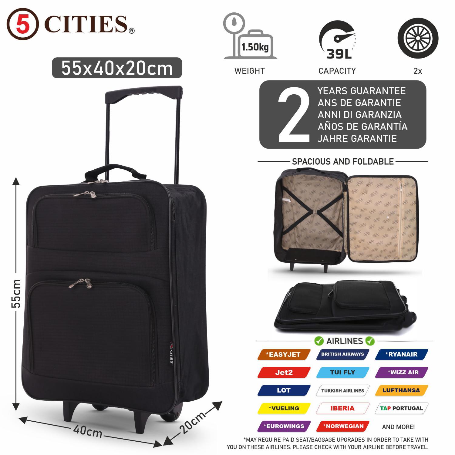 5 Cities Ryanair Priority Max (55x40x20cm) Lightweight Folding Cabin Hand Luggage Trolley, 2 Years Warranty, Black